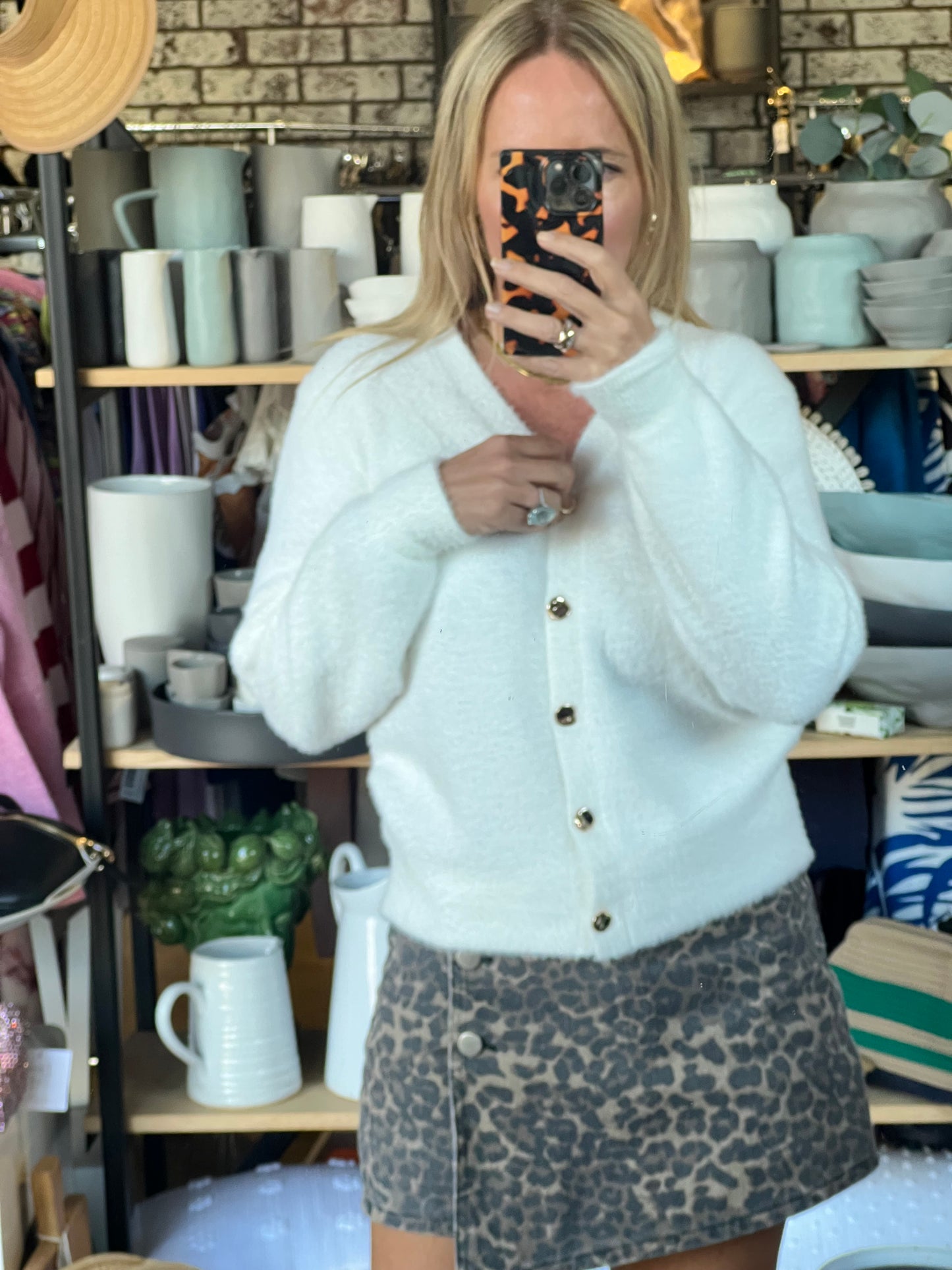 Fluffy Cardi with Gold Buttons - white