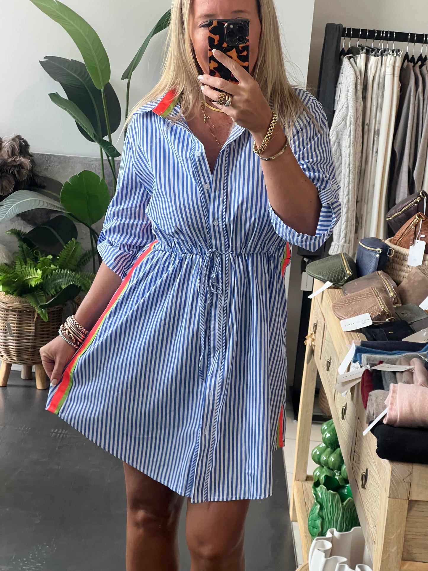 Stripe Cotton Shirt Dress Neon Trim - Blue
