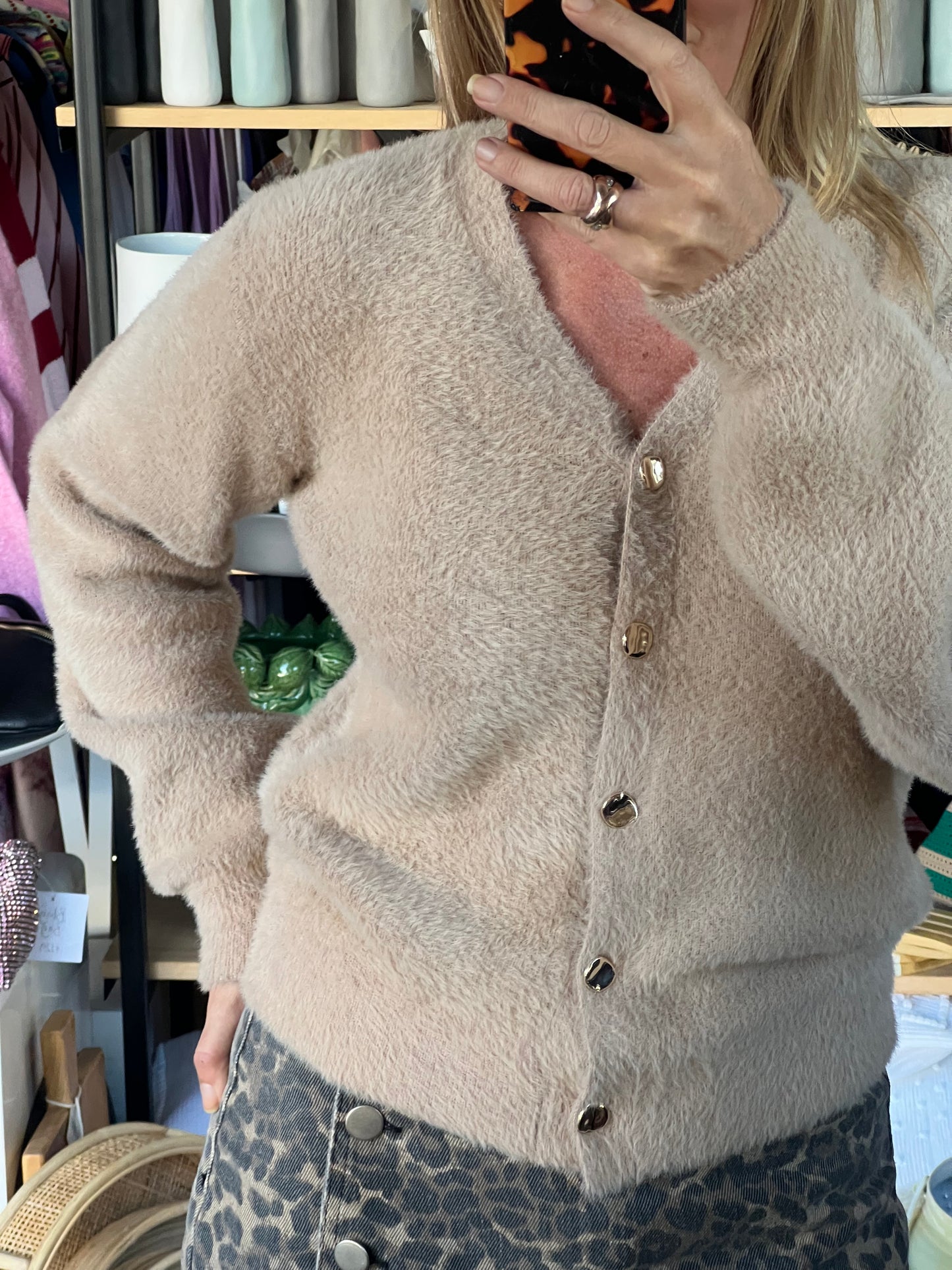 Fluffy Cardi with Gold Buttons - camel