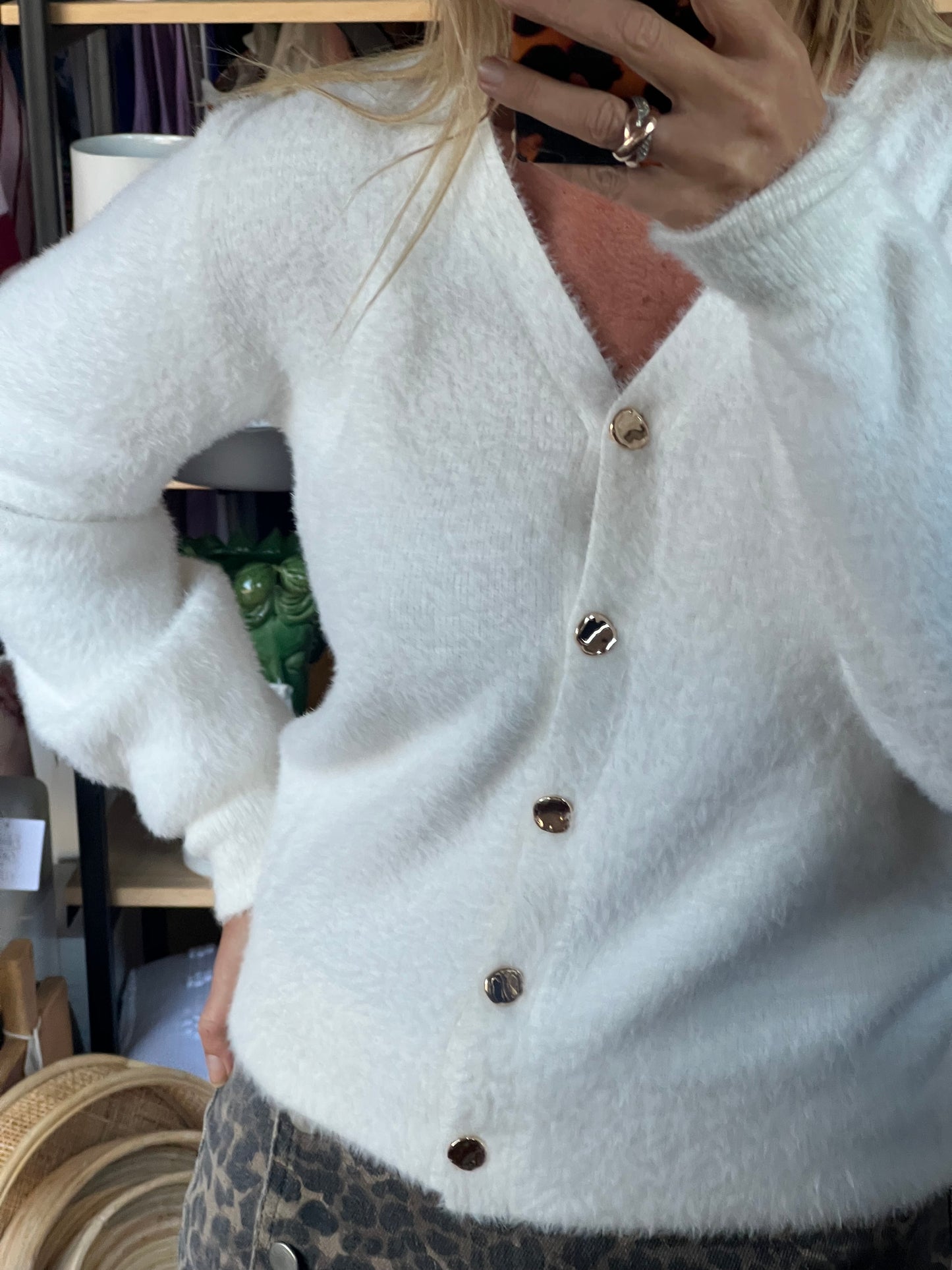 Fluffy Cardi with Gold Buttons - white