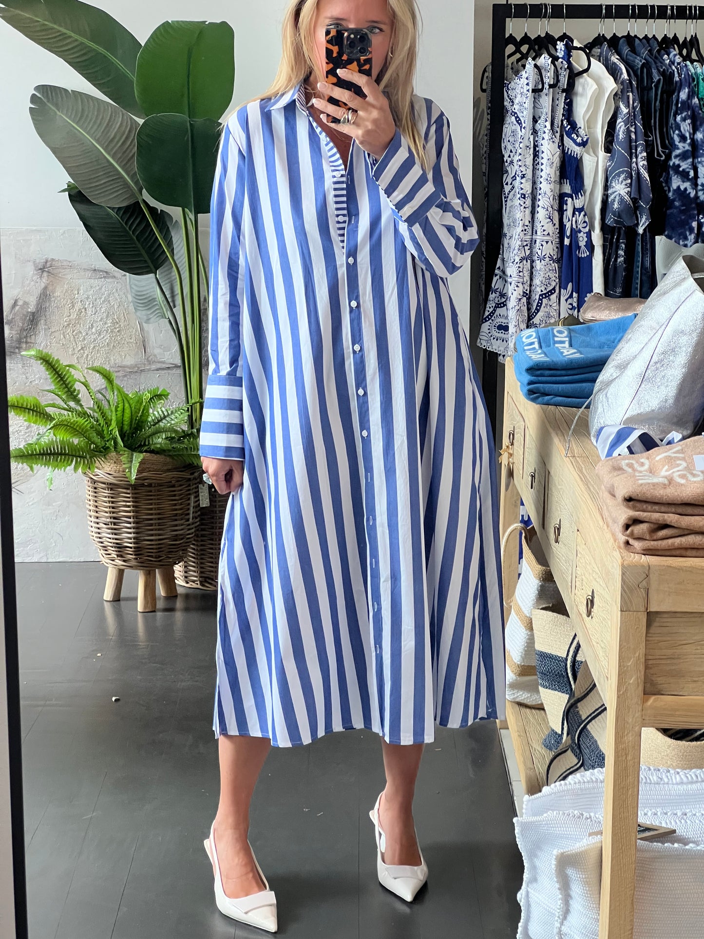 Stripe Long Sleeve Shirt Maxi Dress - Blue