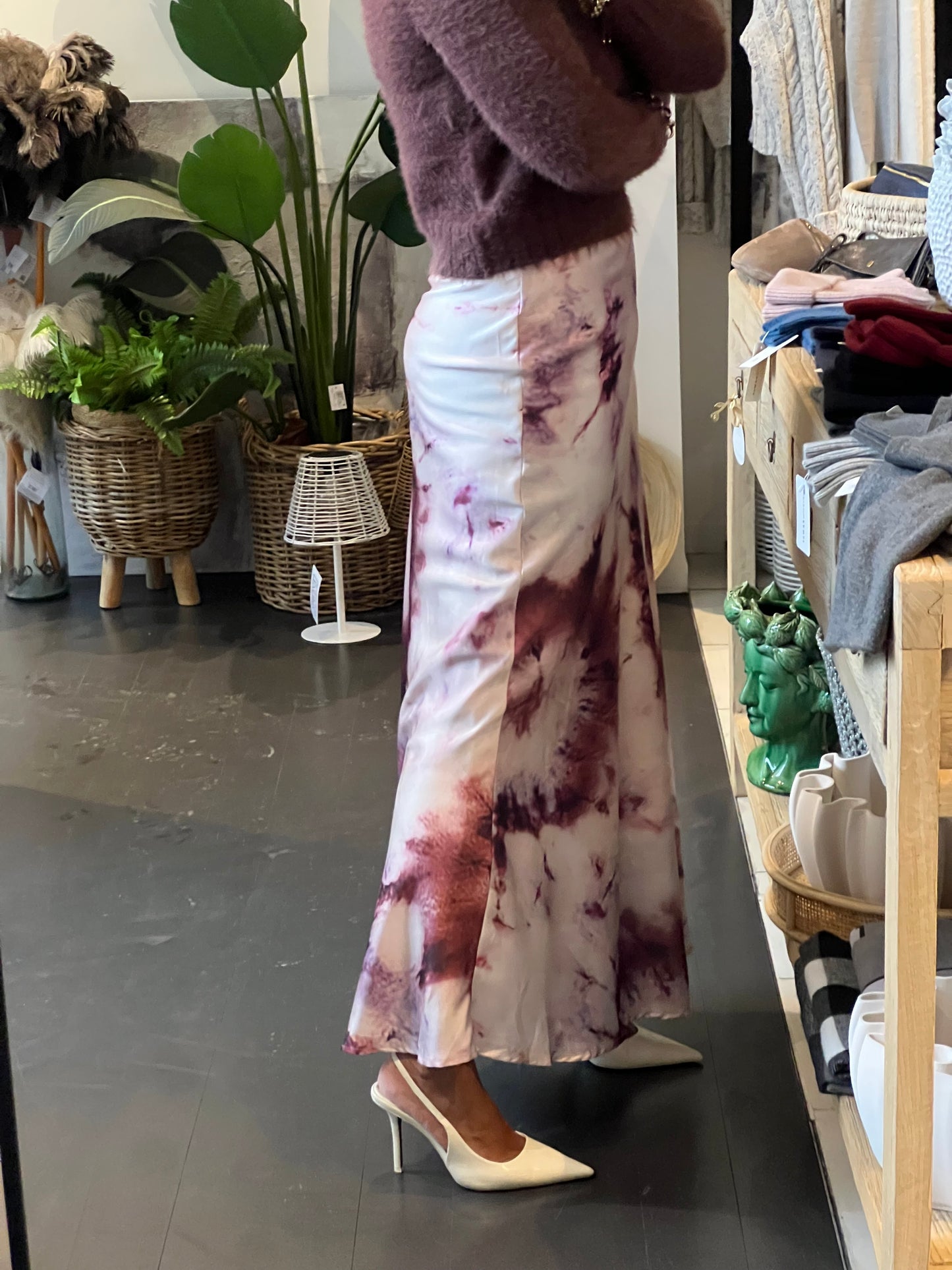 Tie Dyed Slinky Midi Skirt - plum