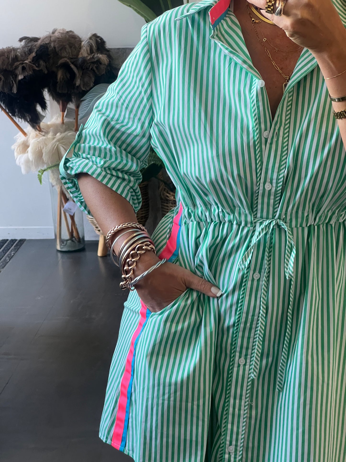 Stripe Cotton Shirt Dress Neon Trim - Green