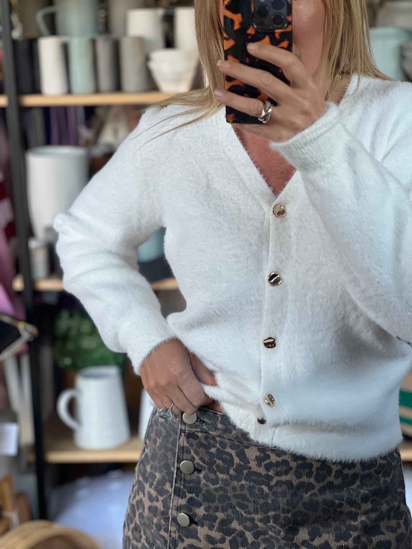 Fluffy Cardi with Gold Buttons - white