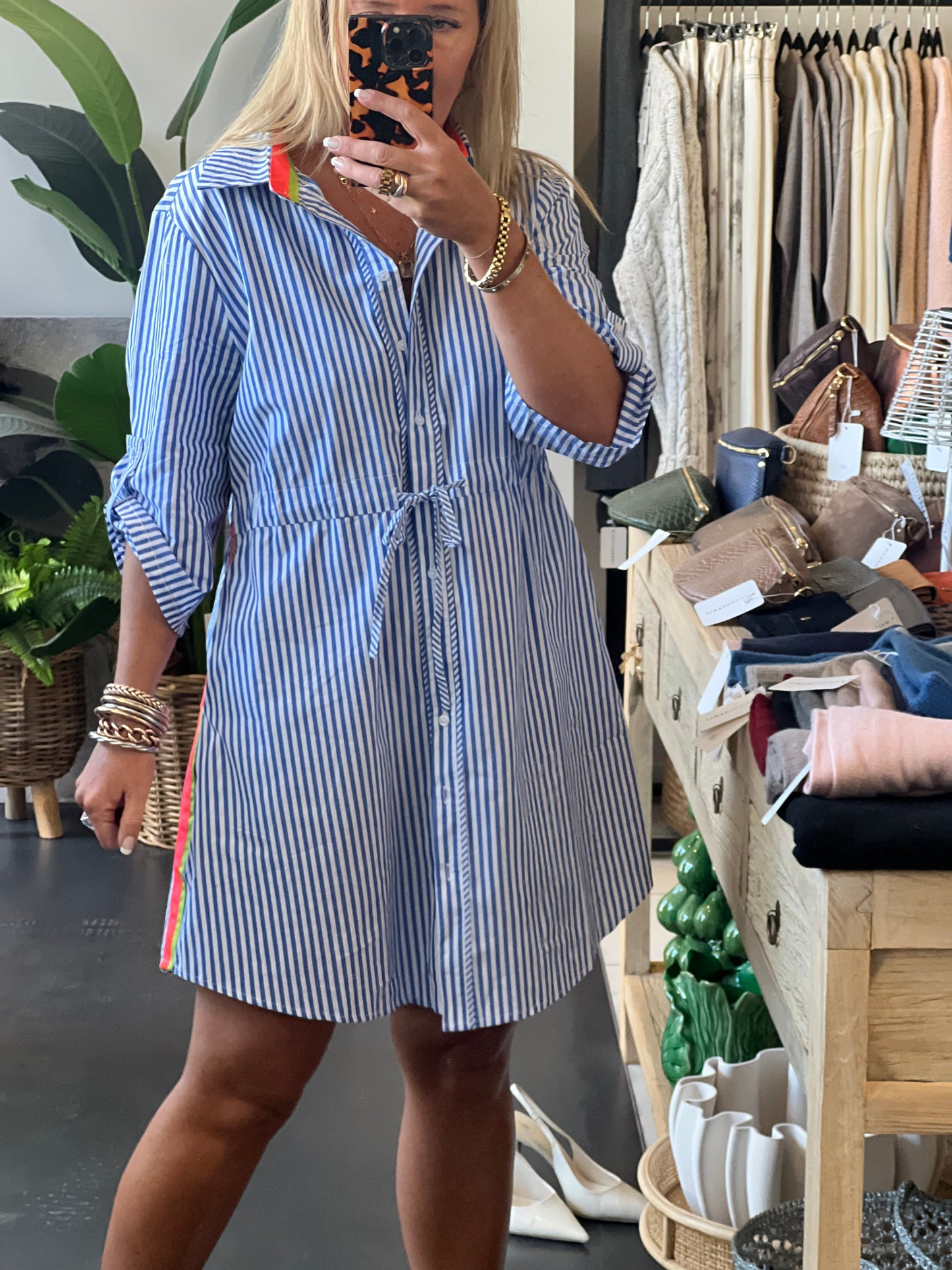Stripe Cotton Shirt Dress Neon Trim - Blue