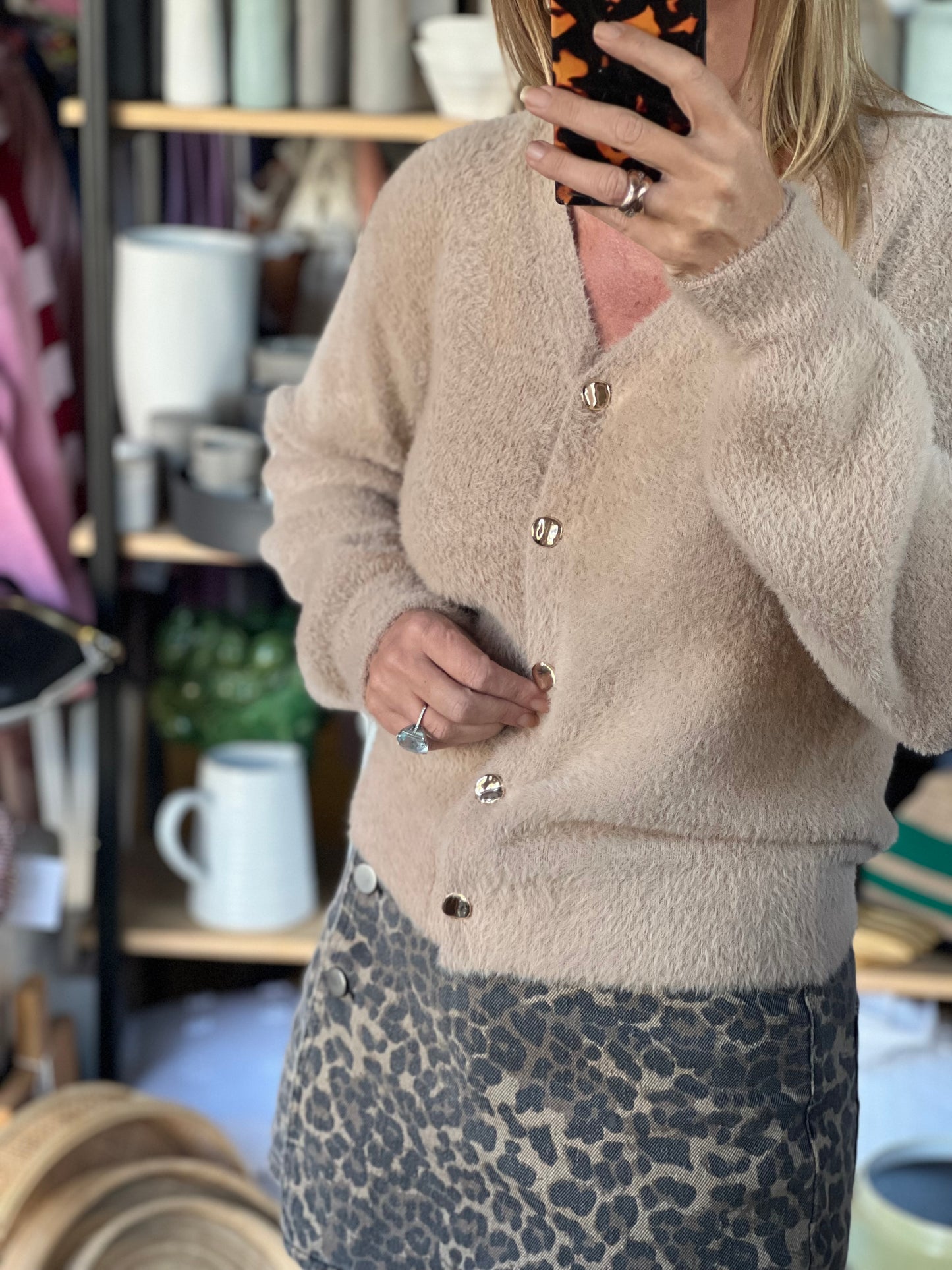Fluffy Cardi with Gold Buttons - camel