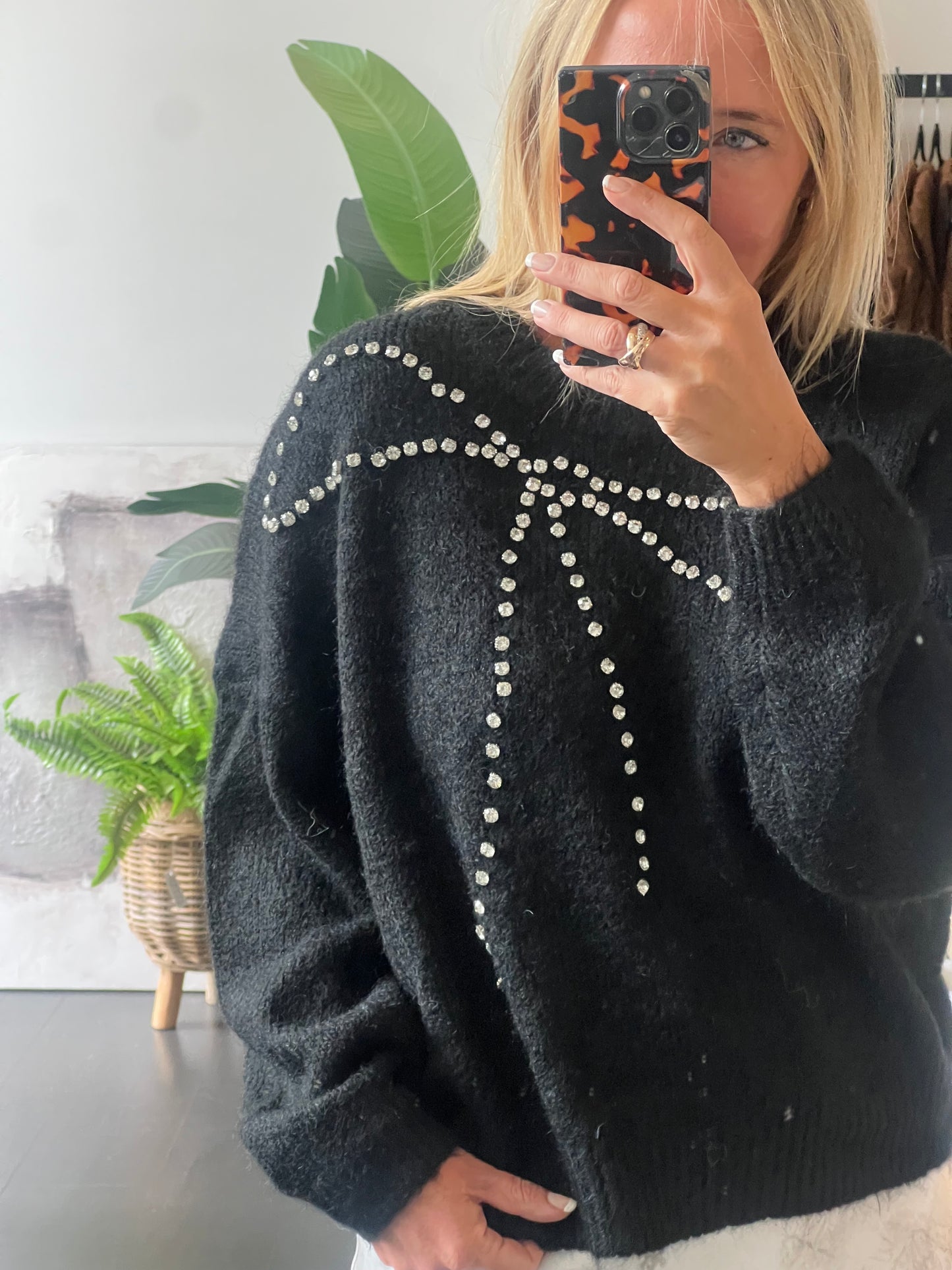 bling Bow Relaxed Knit Jumper- black