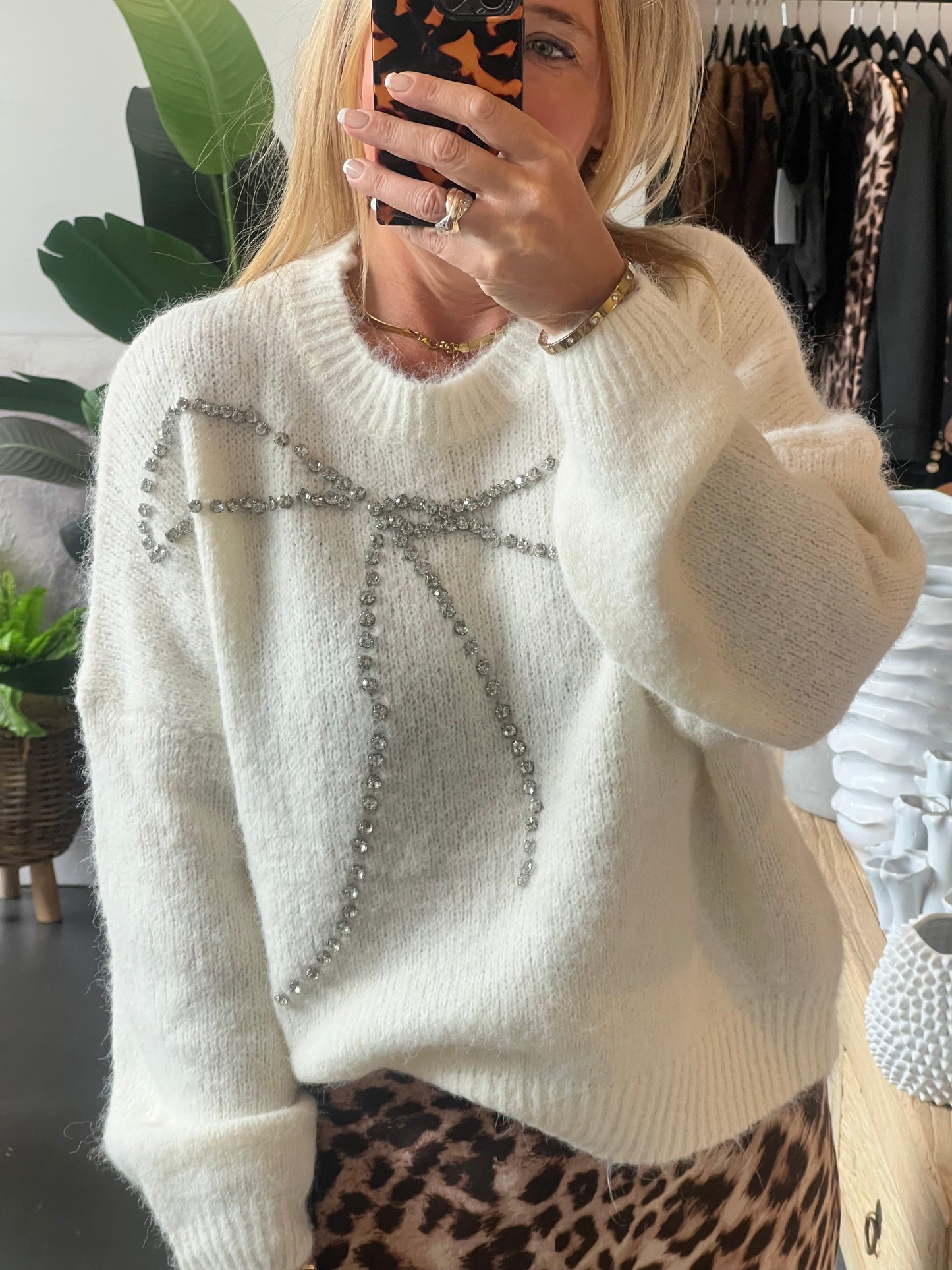 Bling Bow Relaxed Knit Jumper- winter white