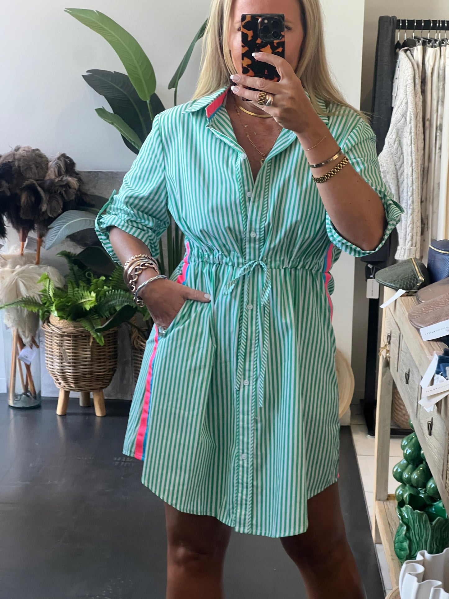 Stripe Cotton Shirt Dress Neon Trim - Green