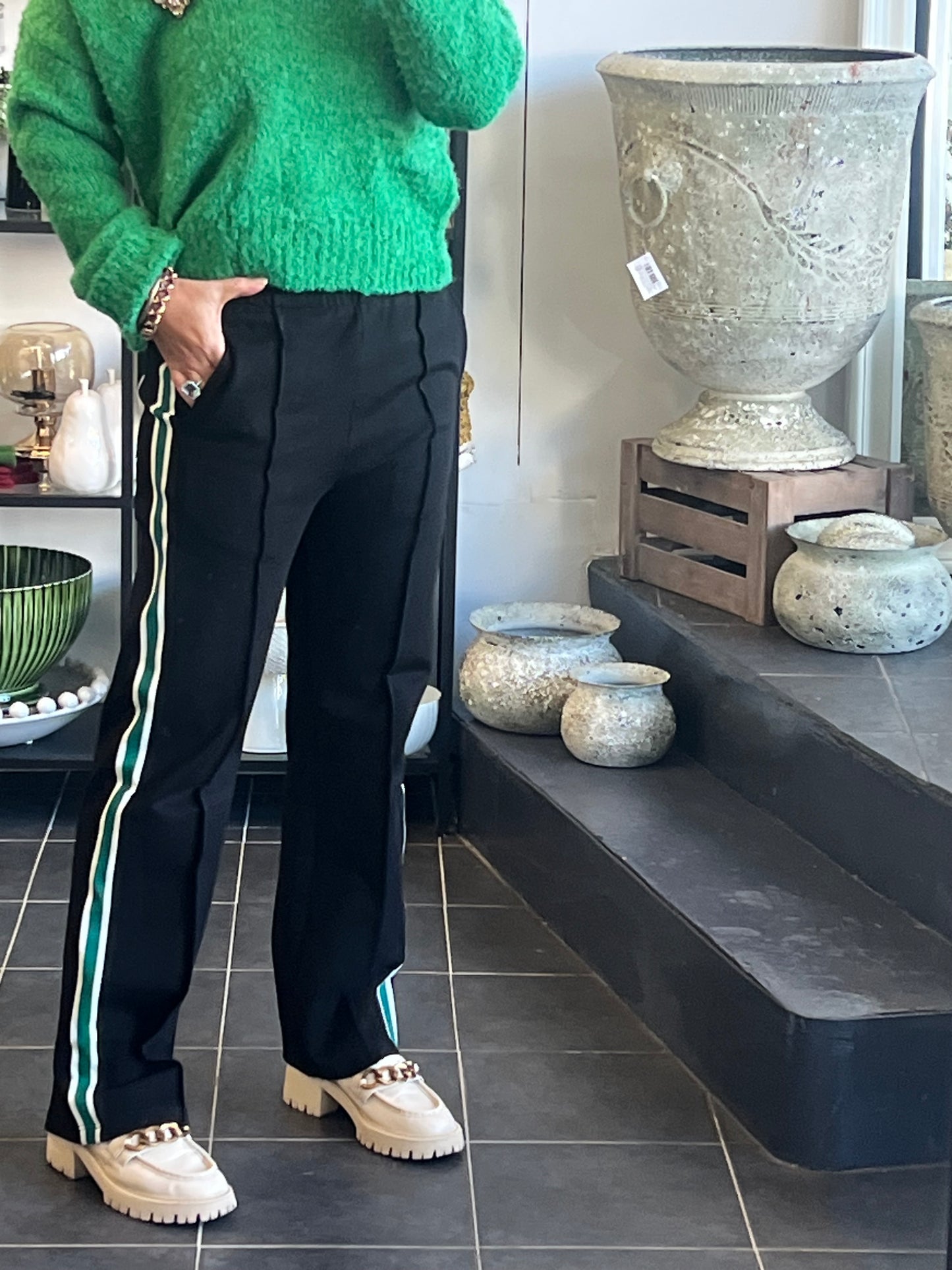 Pinstripe Ponti Pintuck Pants- green stripe