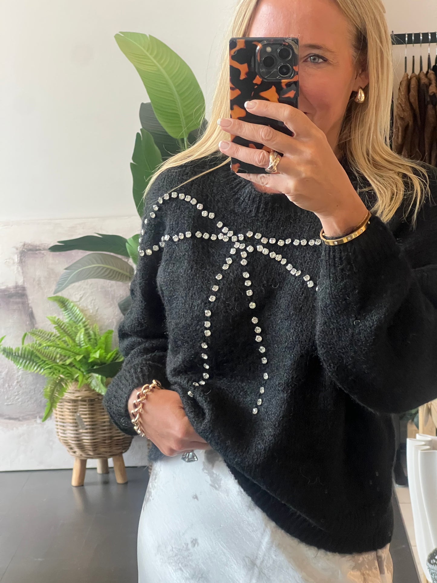 bling Bow Relaxed Knit Jumper- black