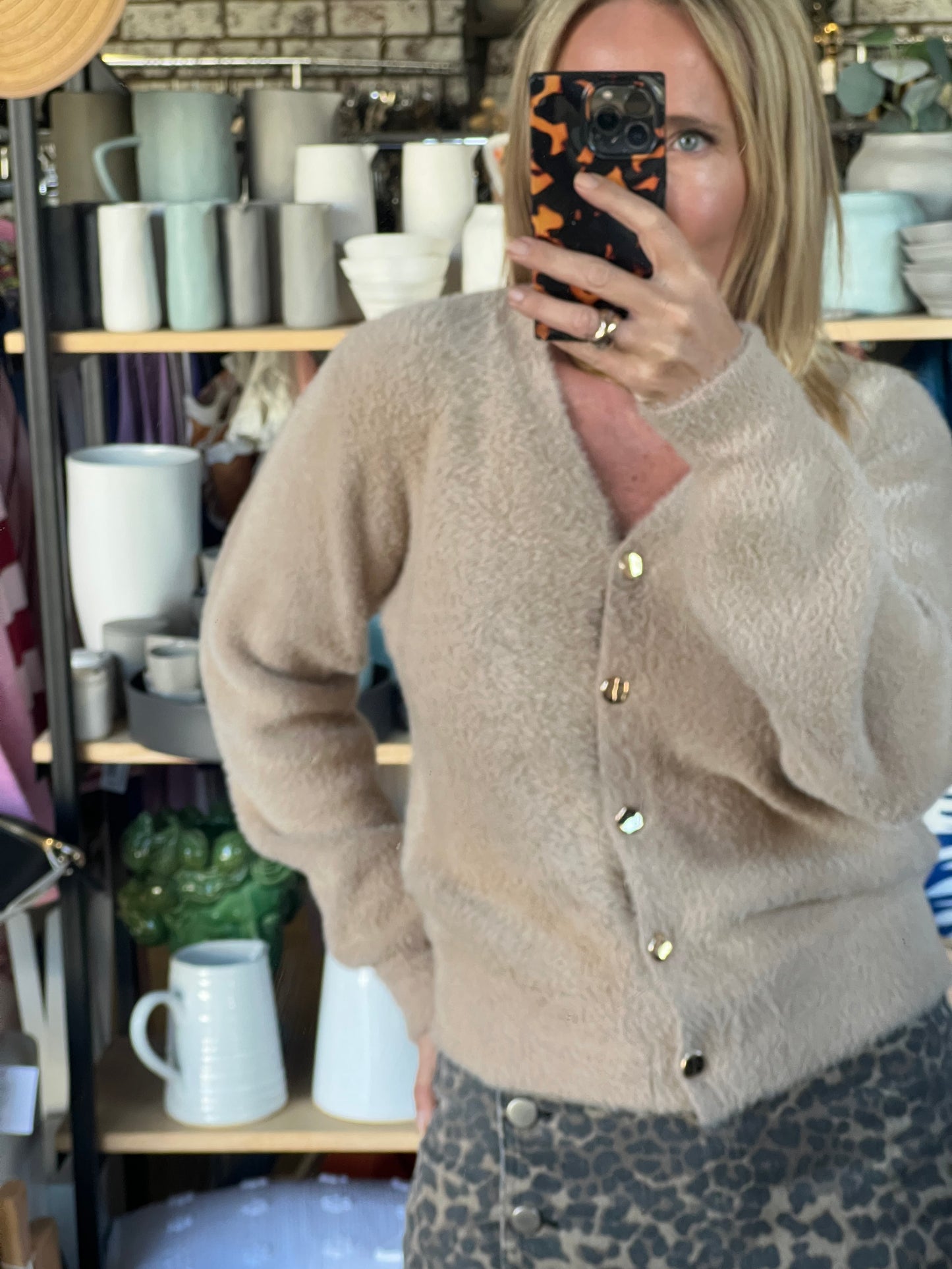 Fluffy Cardi with Gold Buttons - camel