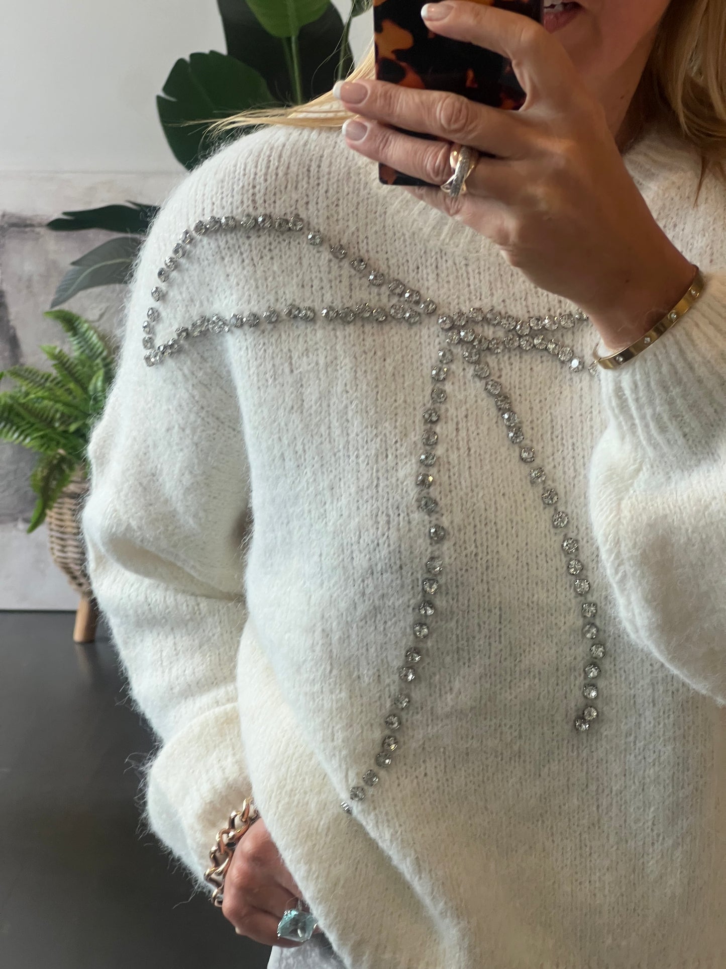 Bling Bow Relaxed Knit Jumper- winter white