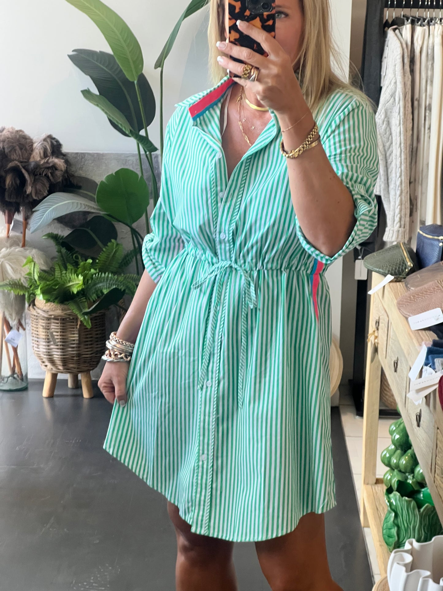 Stripe Cotton Shirt Dress Neon Trim - Green