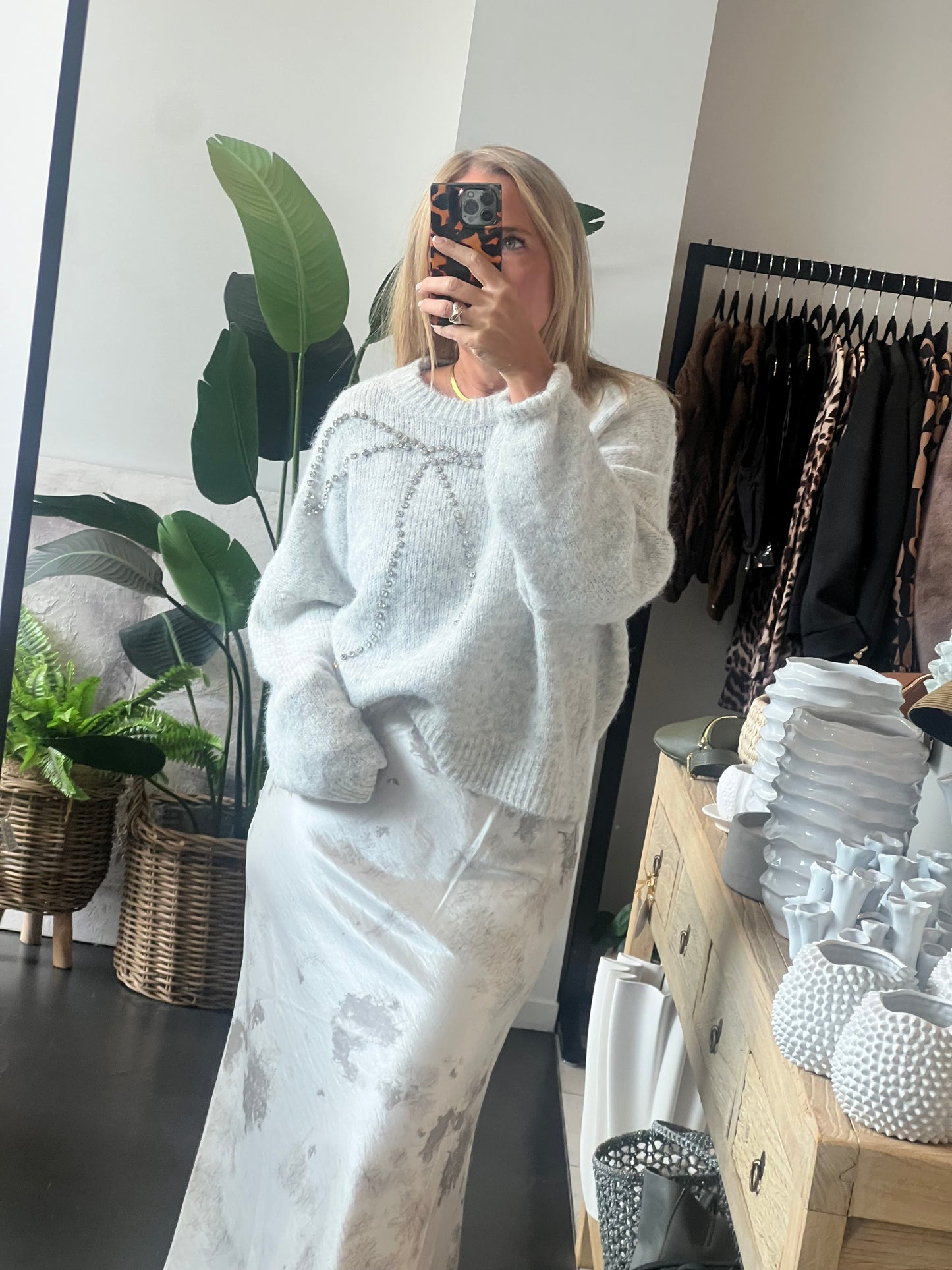 Bling Bow Relaxed Knit Jumper- marle grey