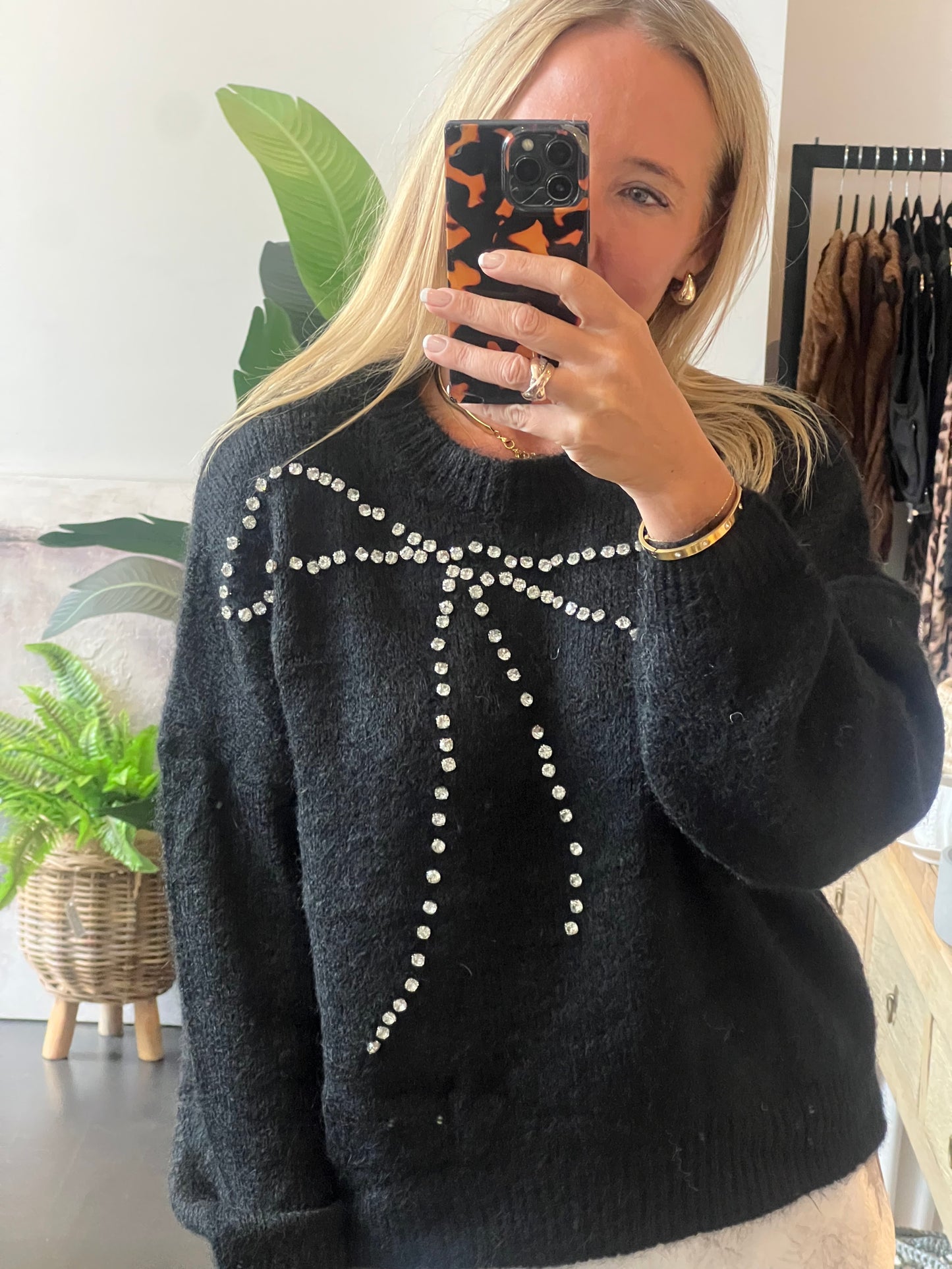 bling Bow Relaxed Knit Jumper- black