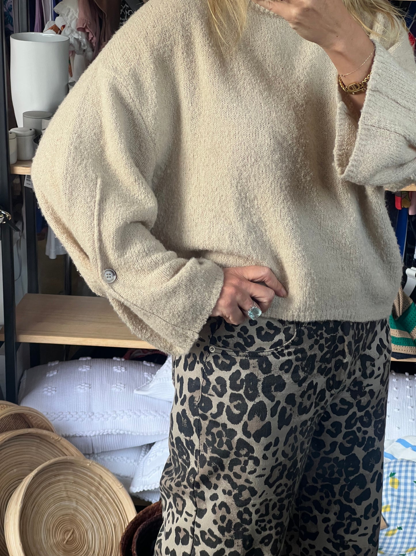 Roll Neck Button Cuff Knit Jumper