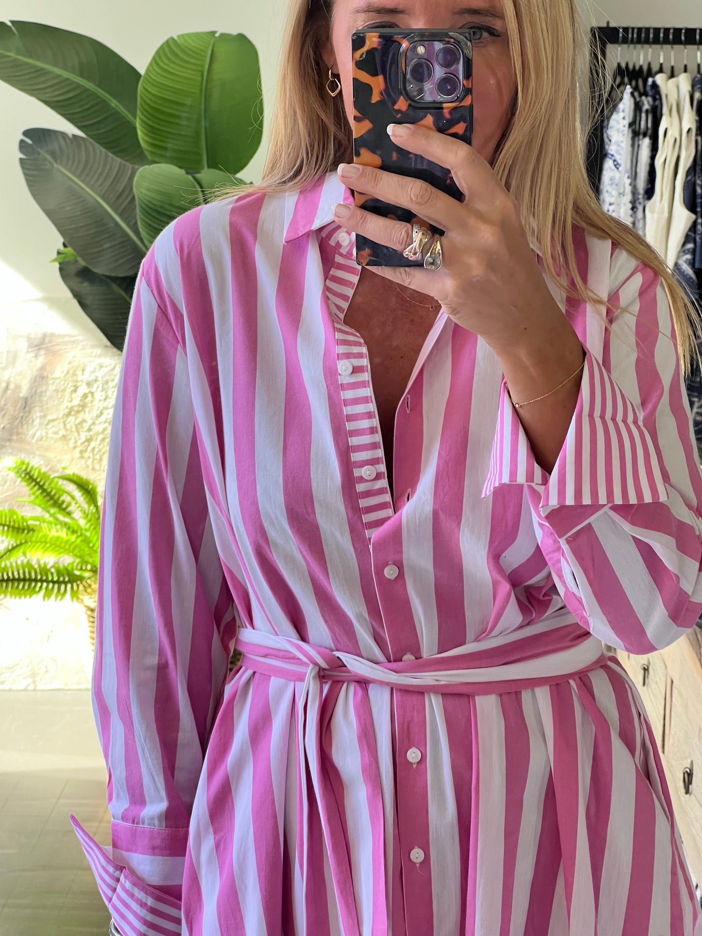 Stripe Long Sleeve Shirt Maxi Dress - Pink