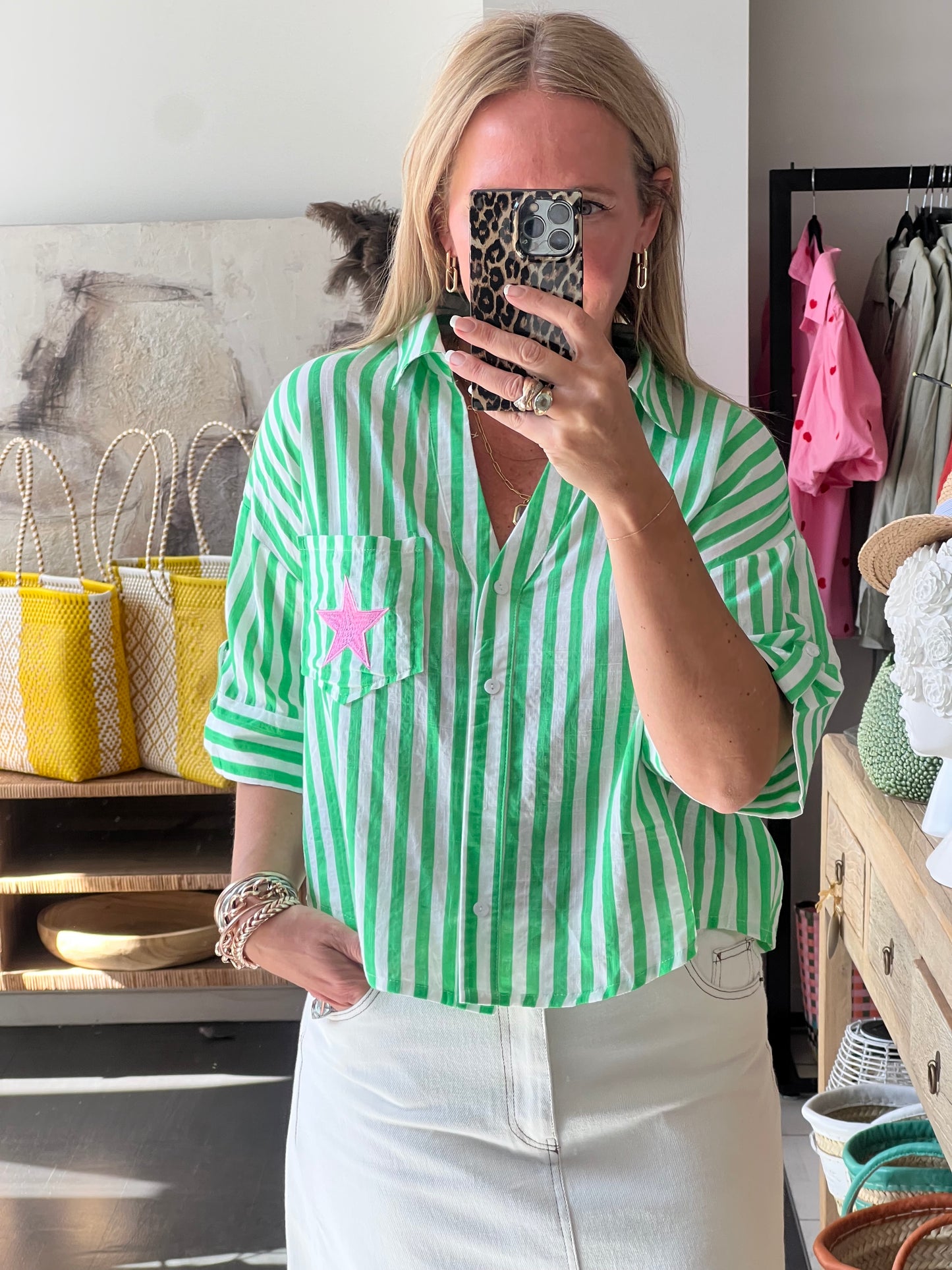 Crop Cotton Shirt Top- green