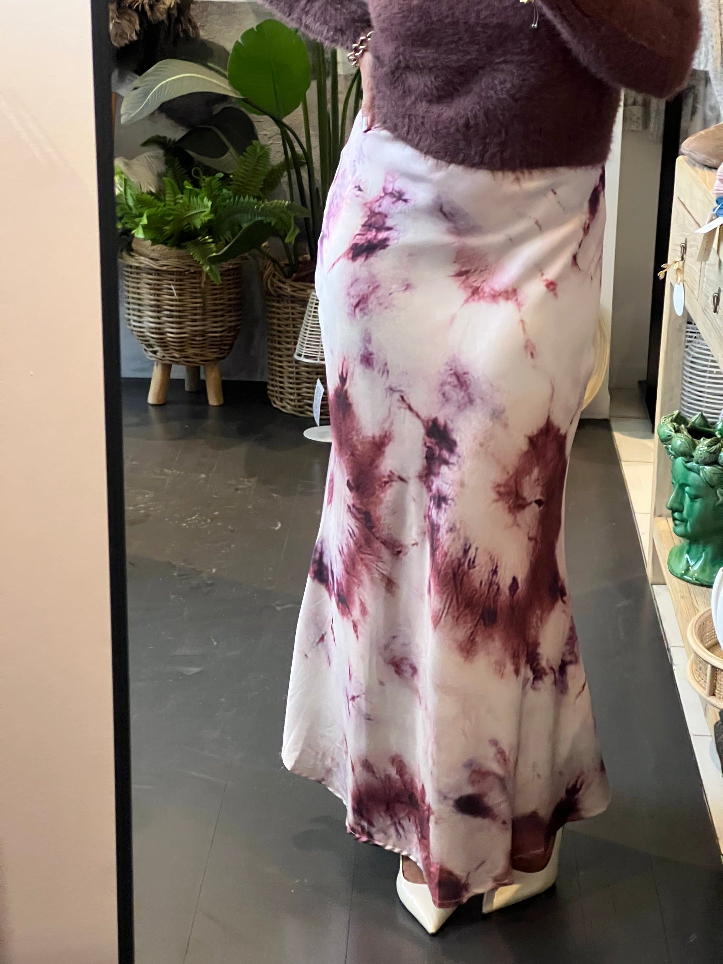 Tie Dyed Slinky Midi Skirt - plum