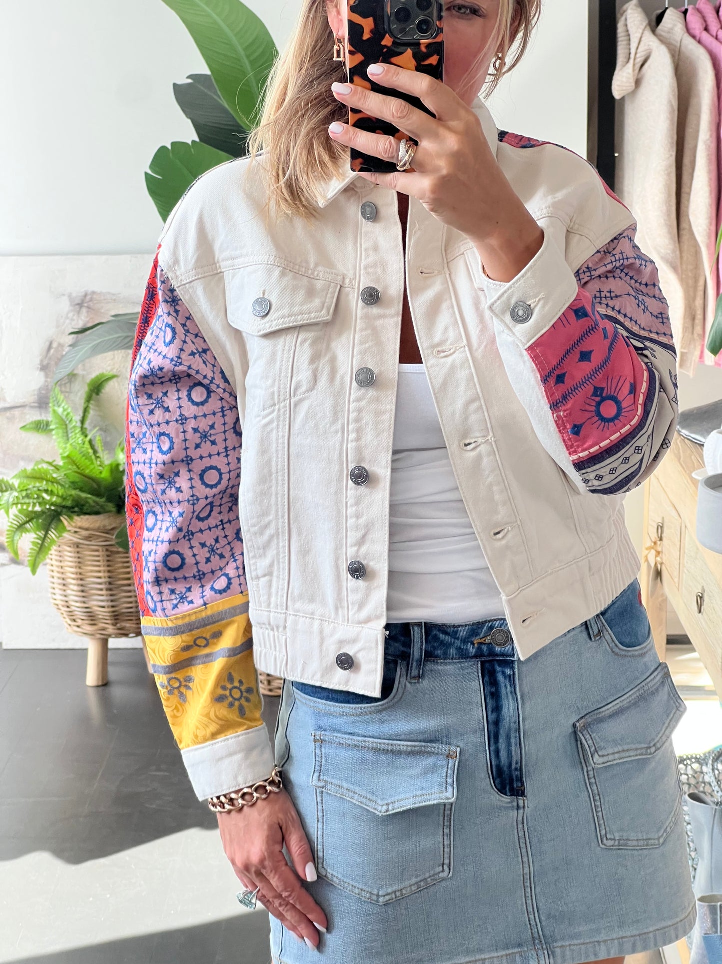 Desigual Embroidered Denim Bomber Jacket cream