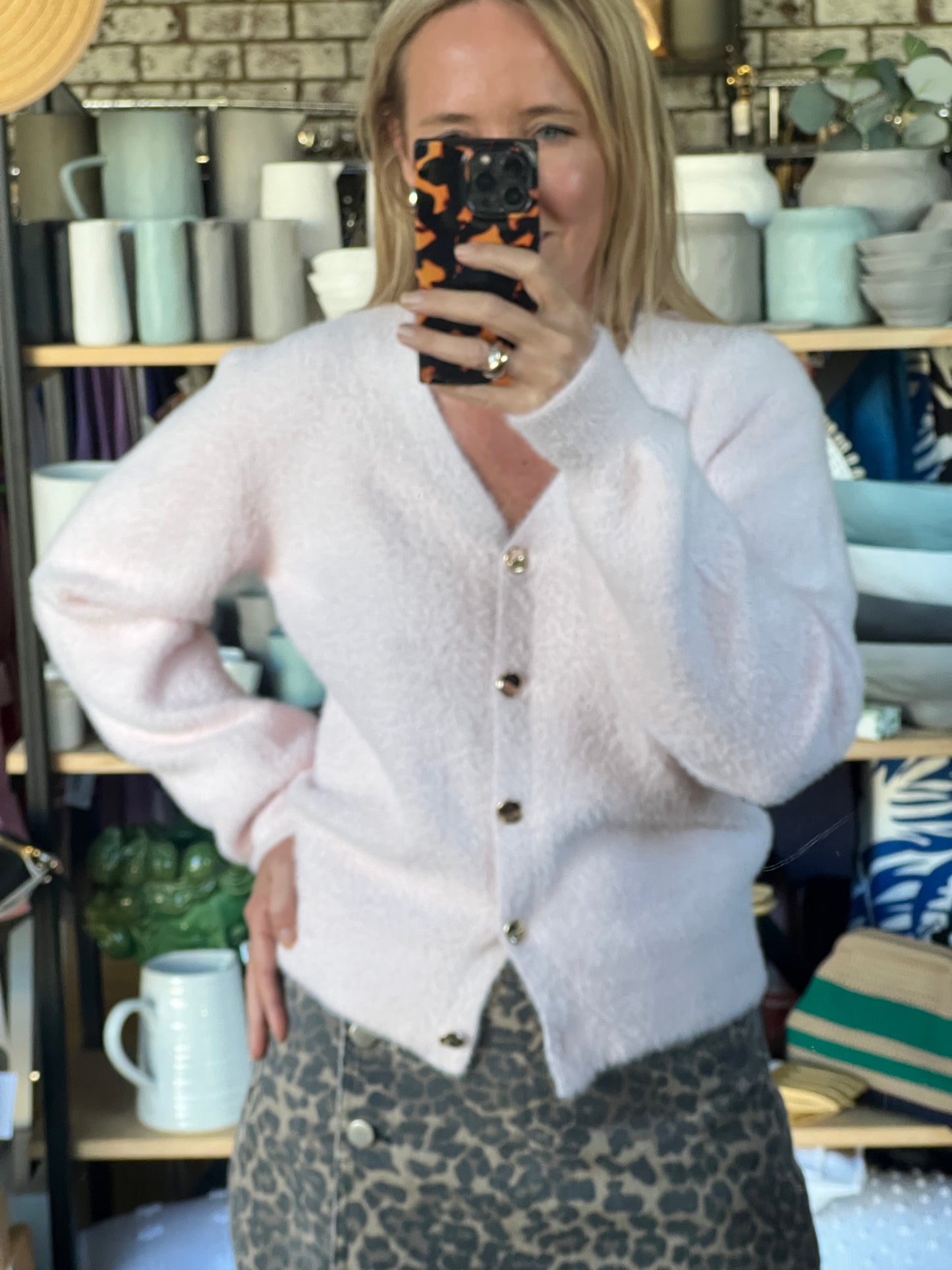 Fluffy Cardi with Gold Buttons - pink