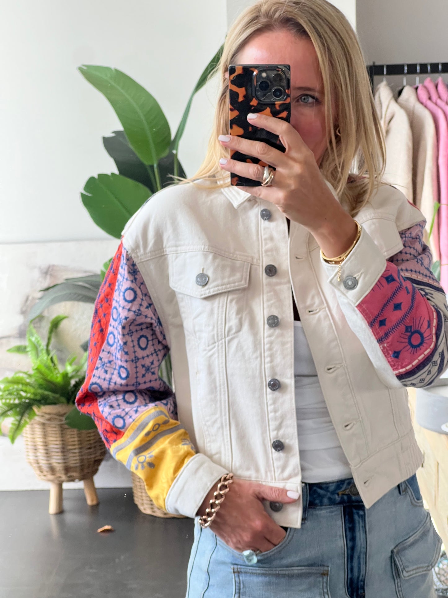 Desigual Embroidered Denim Bomber Jacket cream
