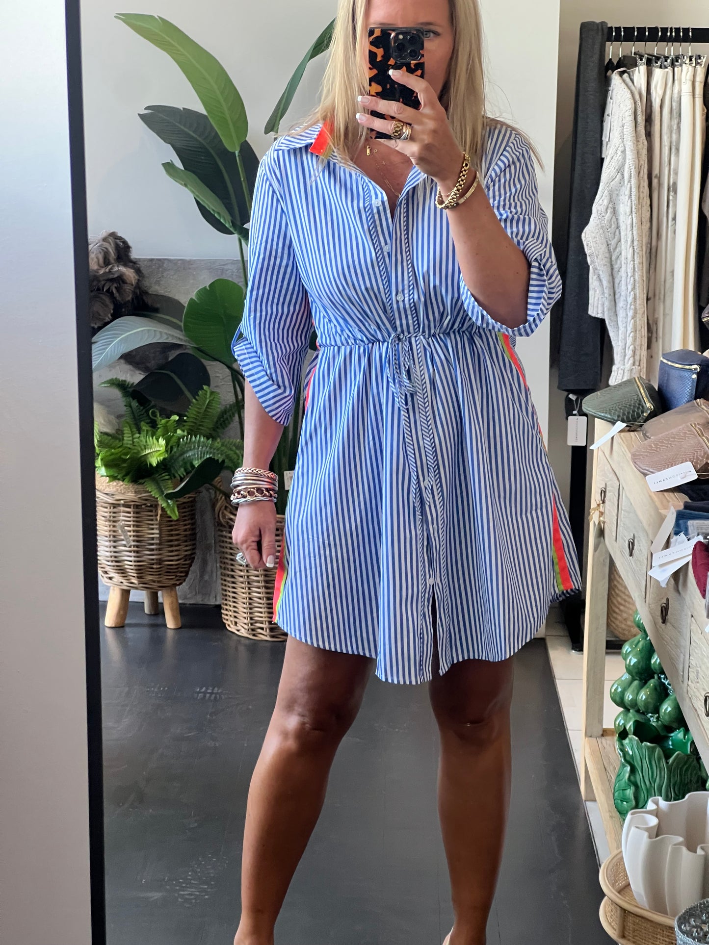 Stripe Cotton Shirt Dress Neon Trim - Blue