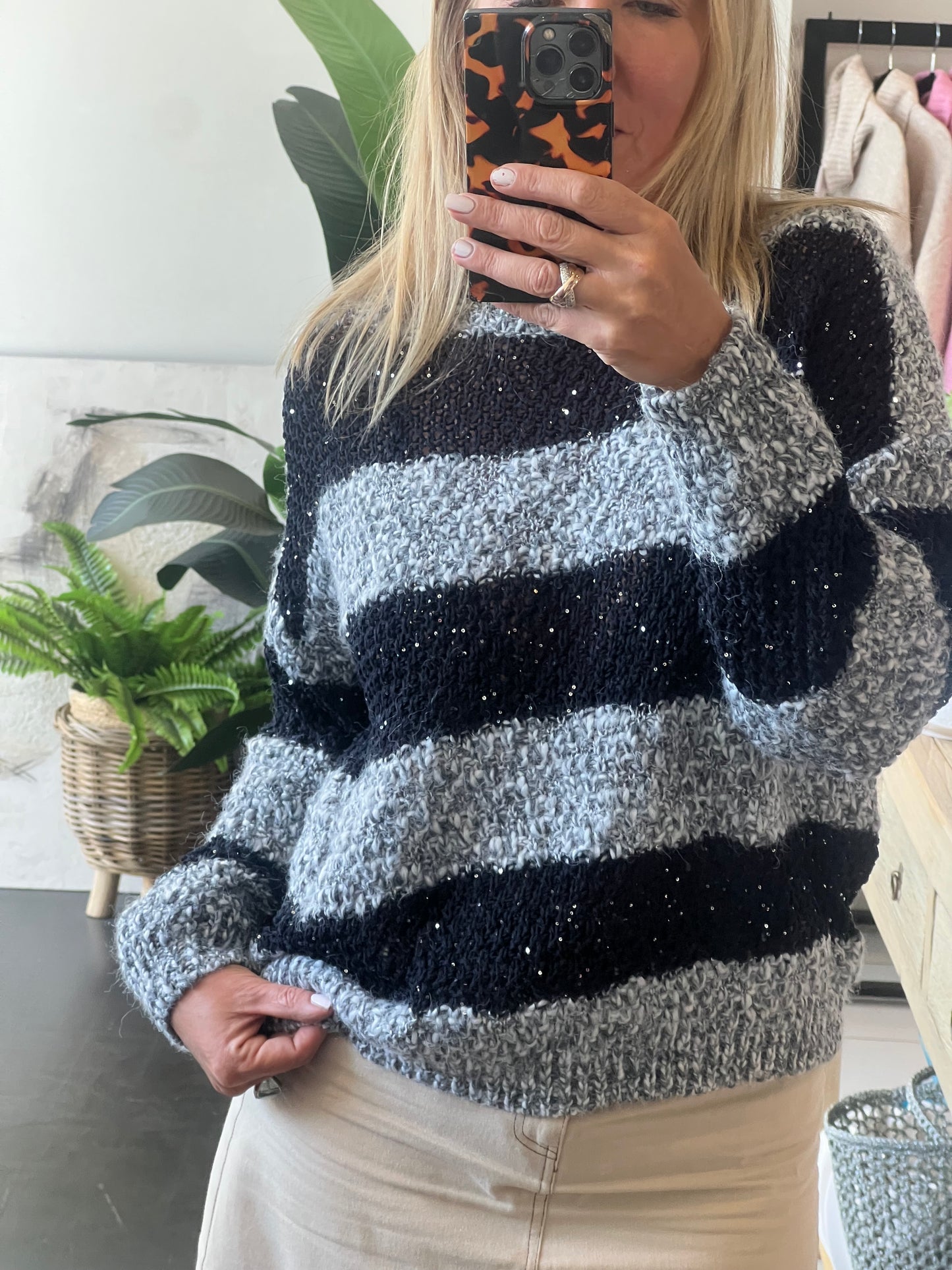Twinkle Stripe Chunky Knit Jumper- black & grey