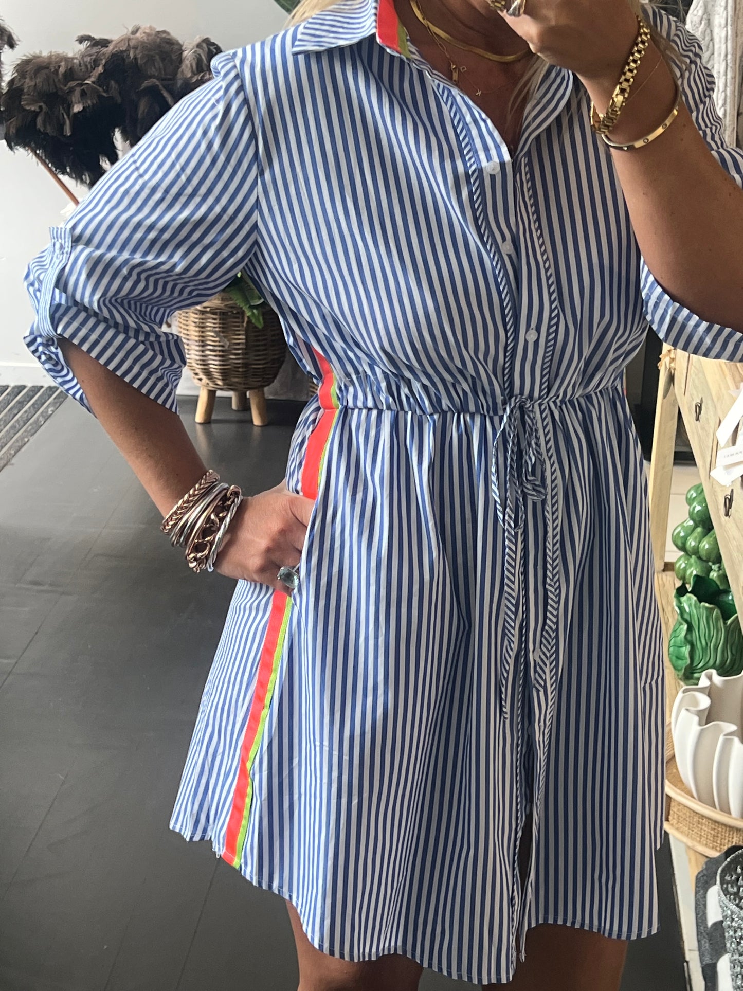 Stripe Cotton Shirt Dress Neon Trim - Blue