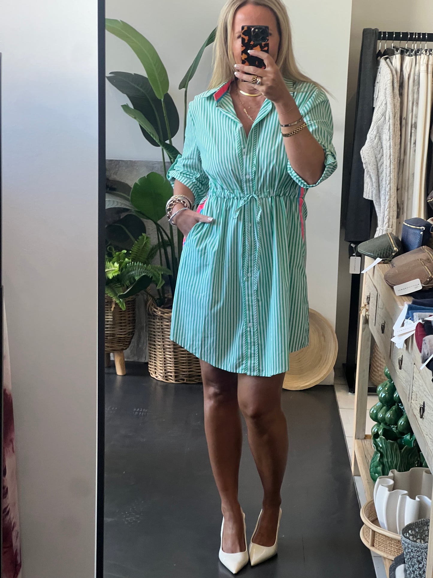 Stripe Cotton Shirt Dress Neon Trim - Green