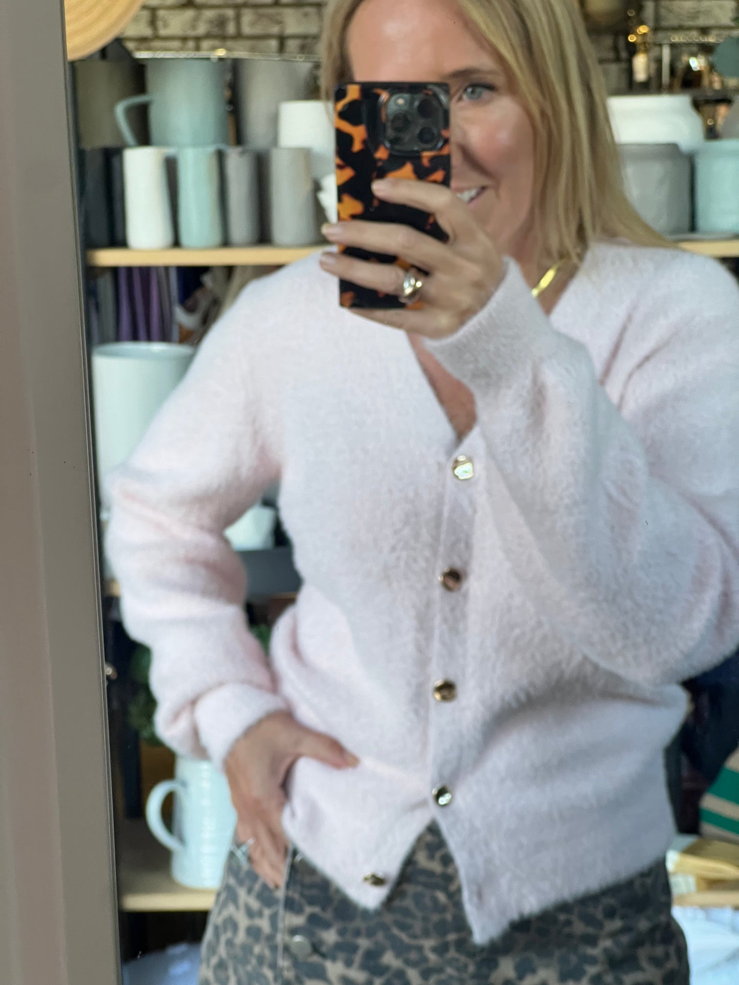 Fluffy Cardi with Gold Buttons - pink