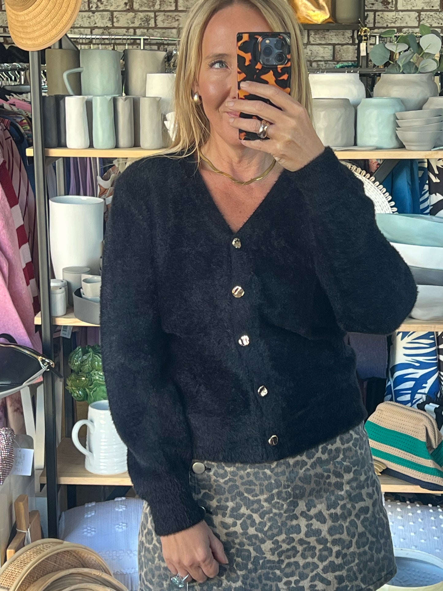 Fluffy Cardi with Gold Buttons - black