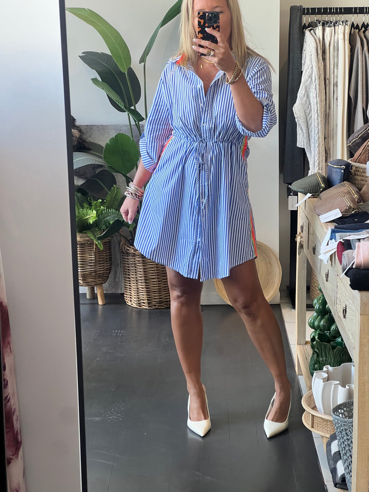 Stripe Cotton Shirt Dress Neon Trim - Blue
