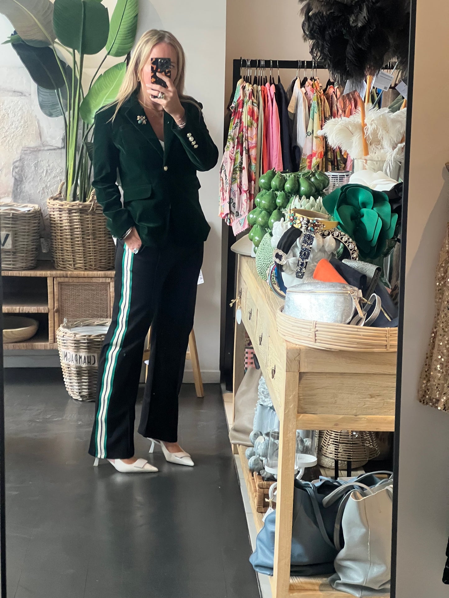 Pinstripe Ponti Pintuck Pants- green stripe