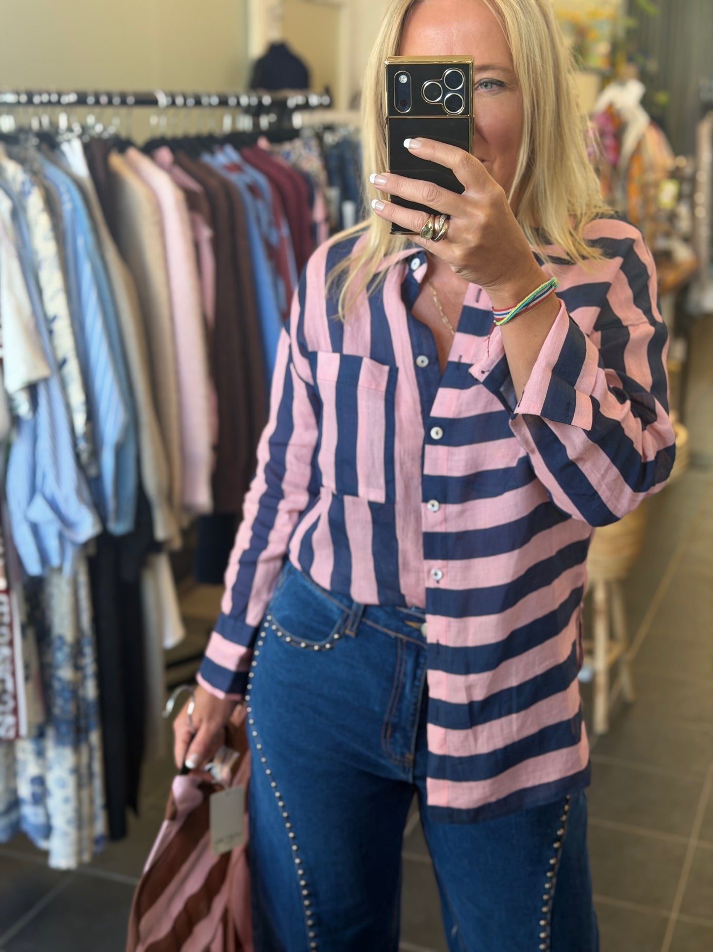Riviera Stripe LInen Shirt - navy & pink
