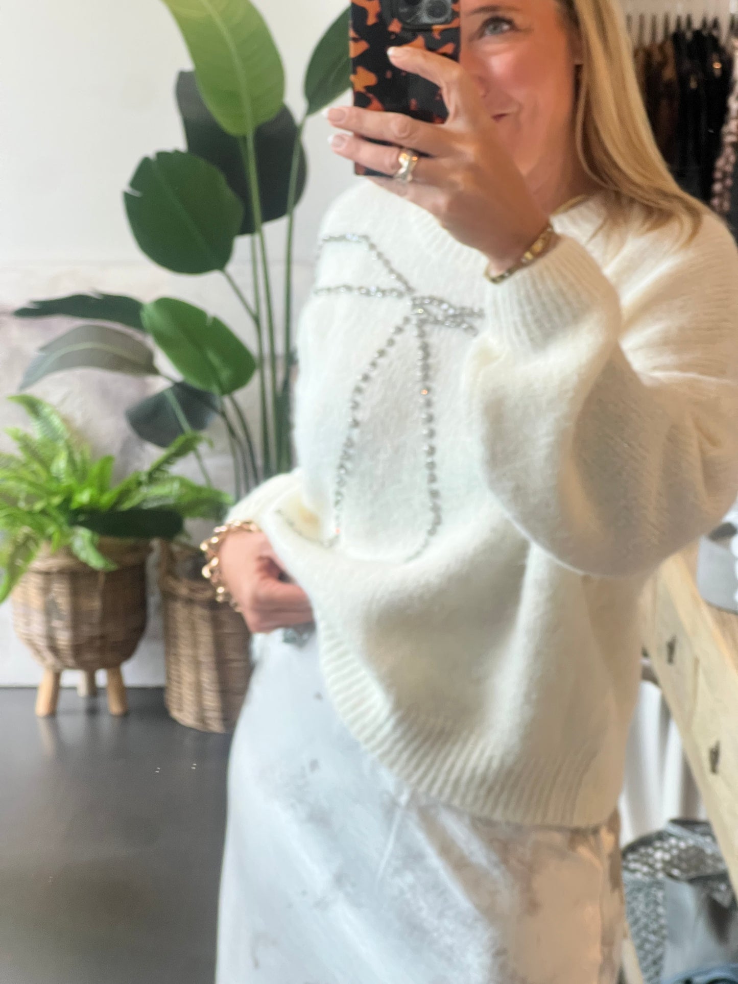 Bling Bow Relaxed Knit Jumper- winter white