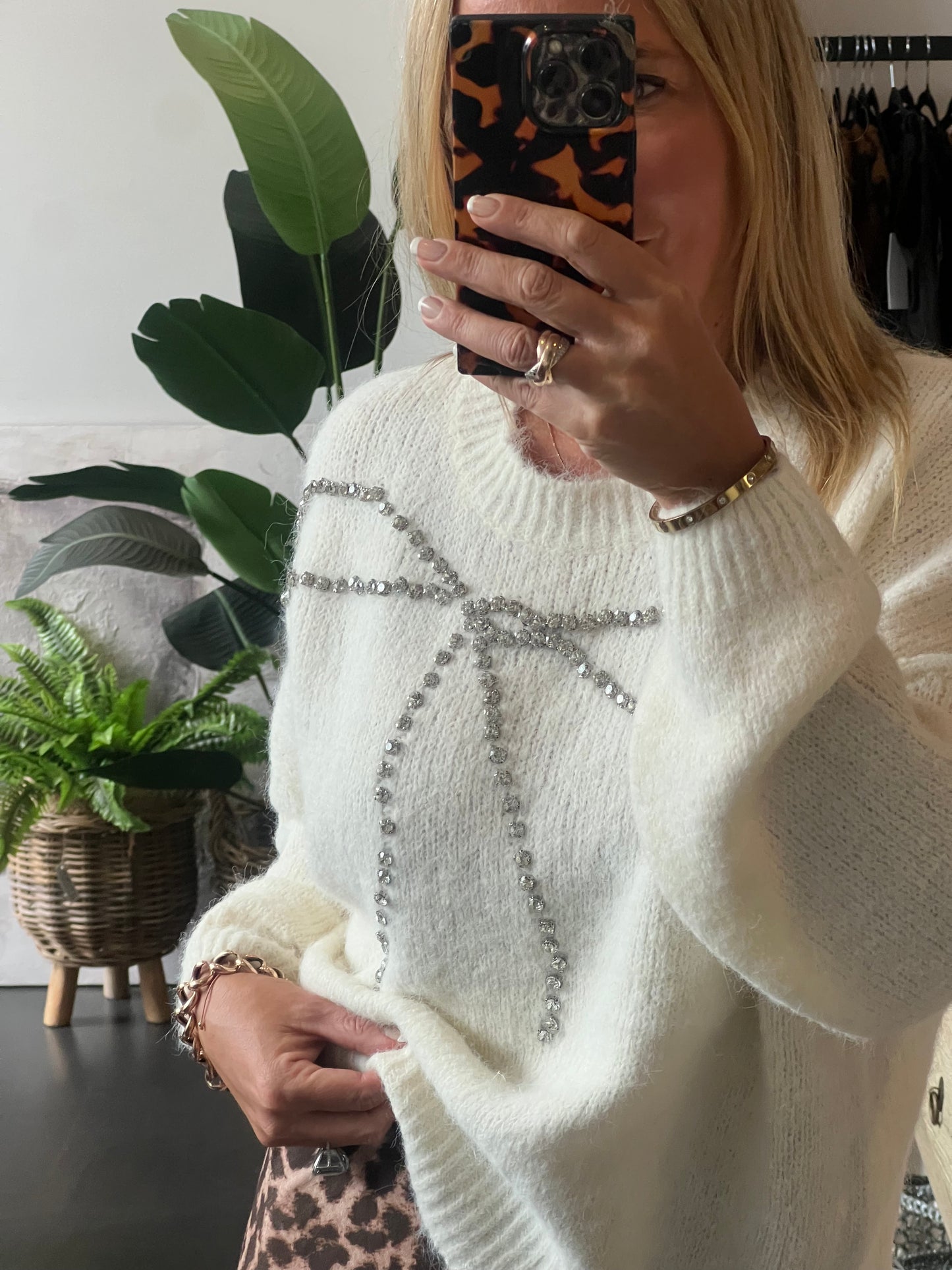 Bling Bow Relaxed Knit Jumper- winter white