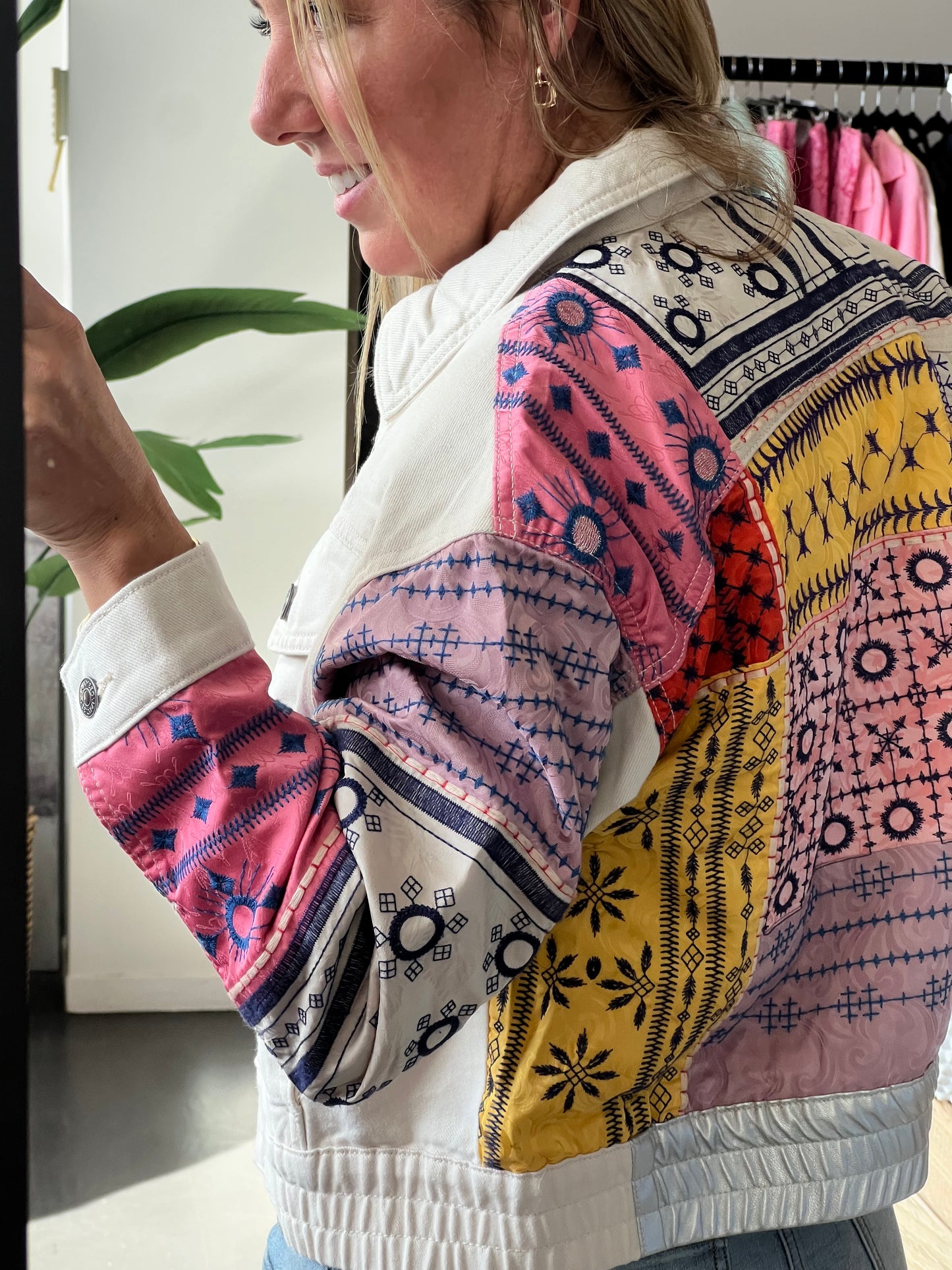 Desigual Embroidered Denim Bomber Jacket cream