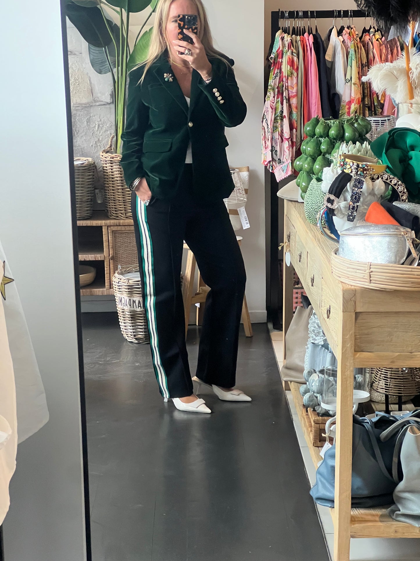 Pinstripe Ponti Pintuck Pants- green stripe