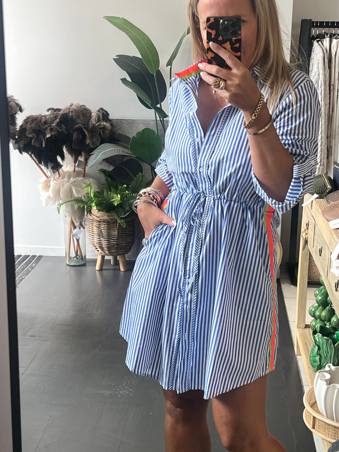 Stripe Cotton Shirt Dress Neon Trim - Blue