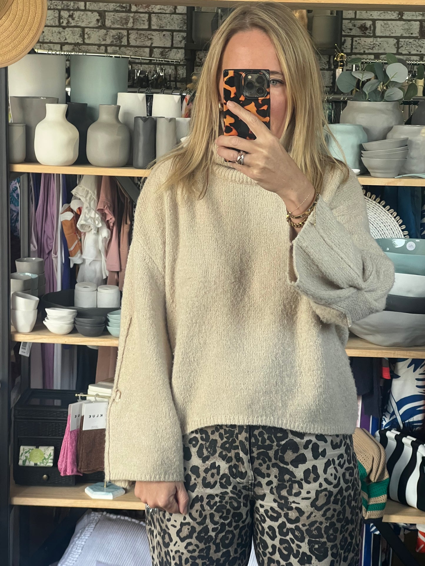 Roll Neck Button Cuff Knit Jumper