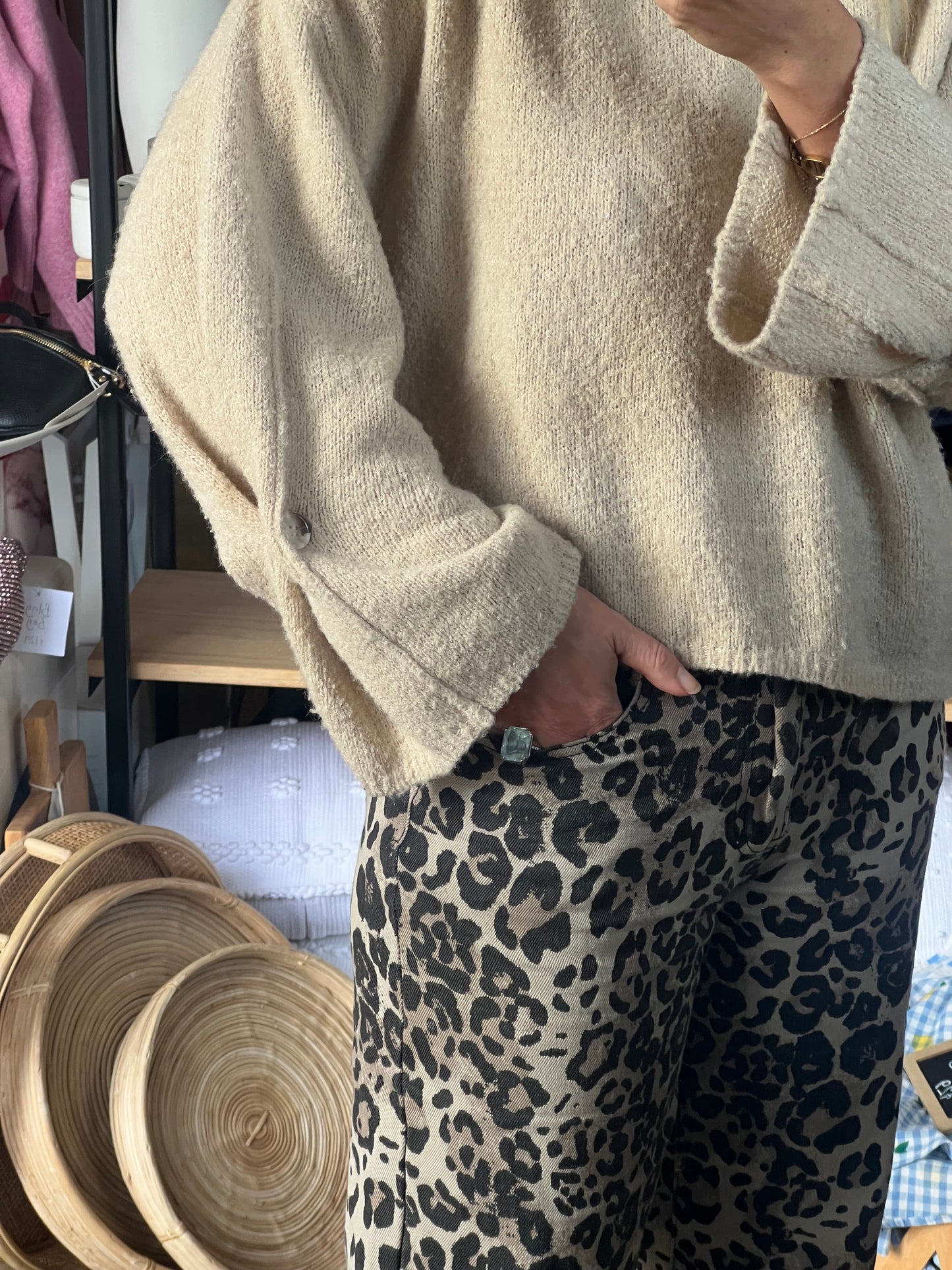 Roll Neck Button Cuff Knit Jumper