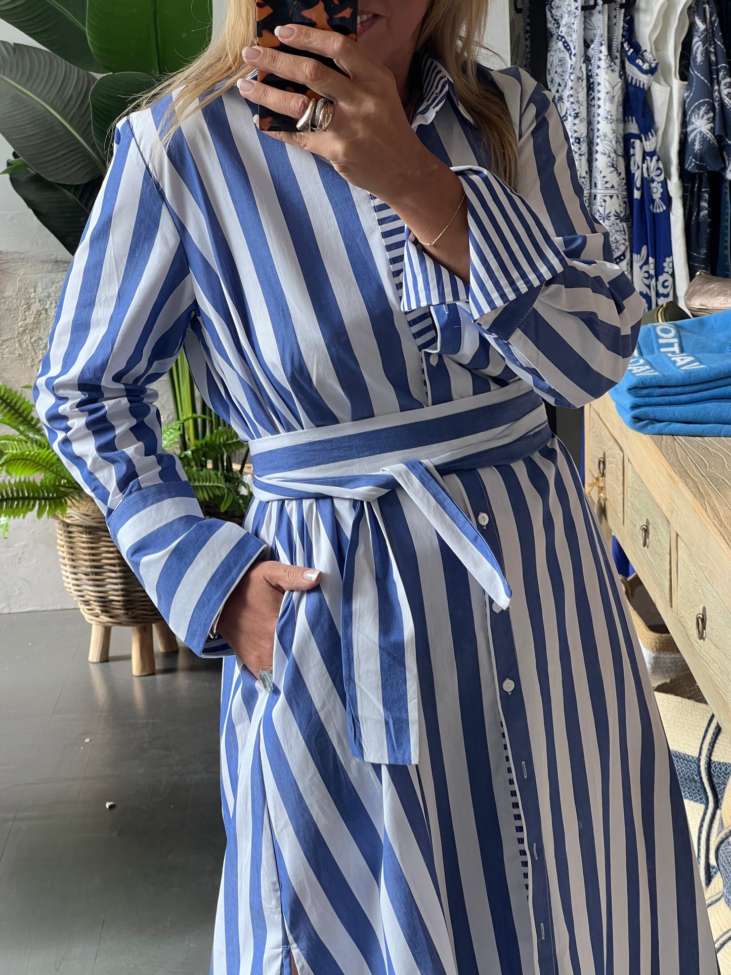 Stripe Long Sleeve Shirt Maxi Dress - Blue