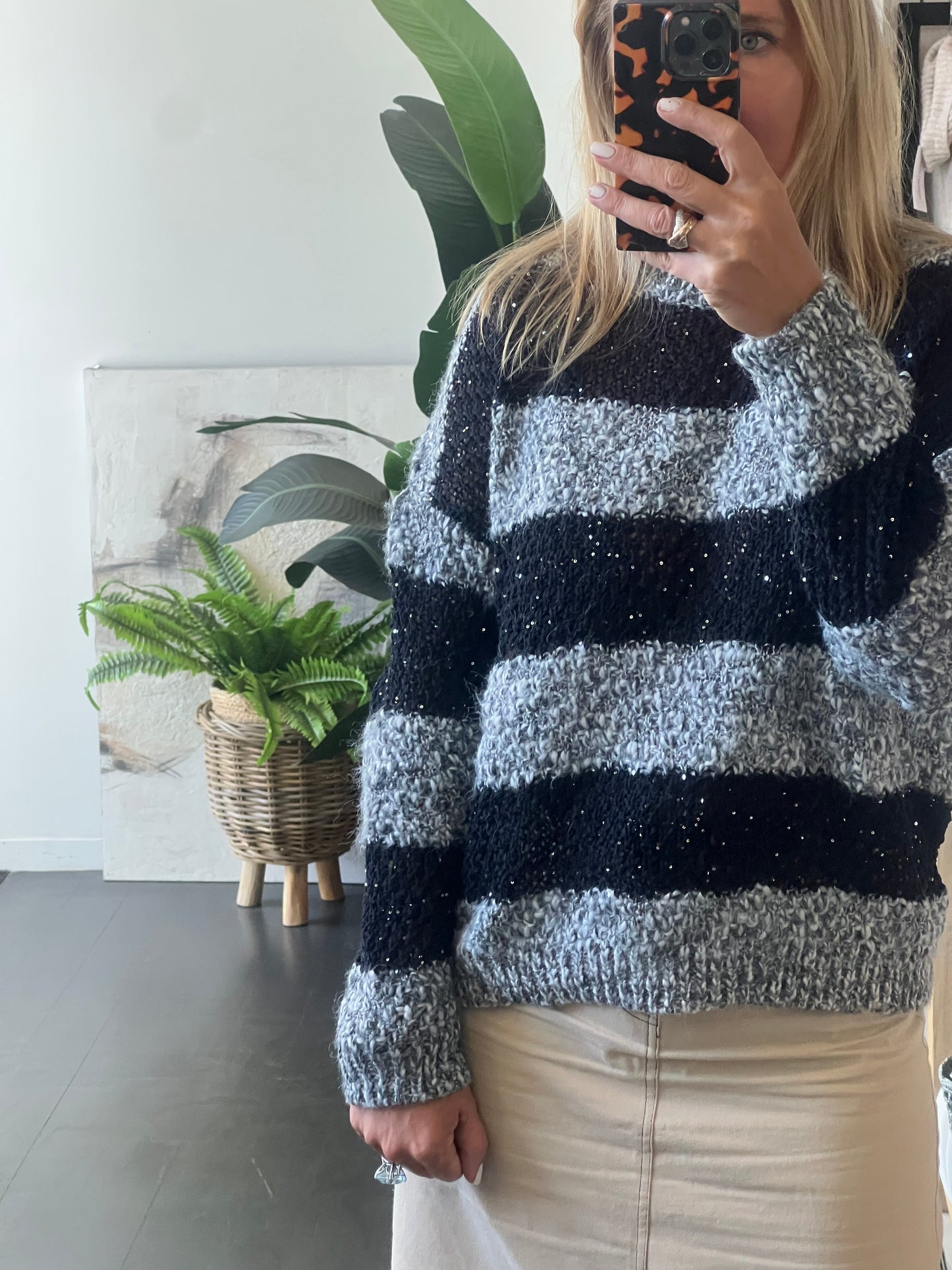 Twinkle Stripe Chunky Knit Jumper- black & grey