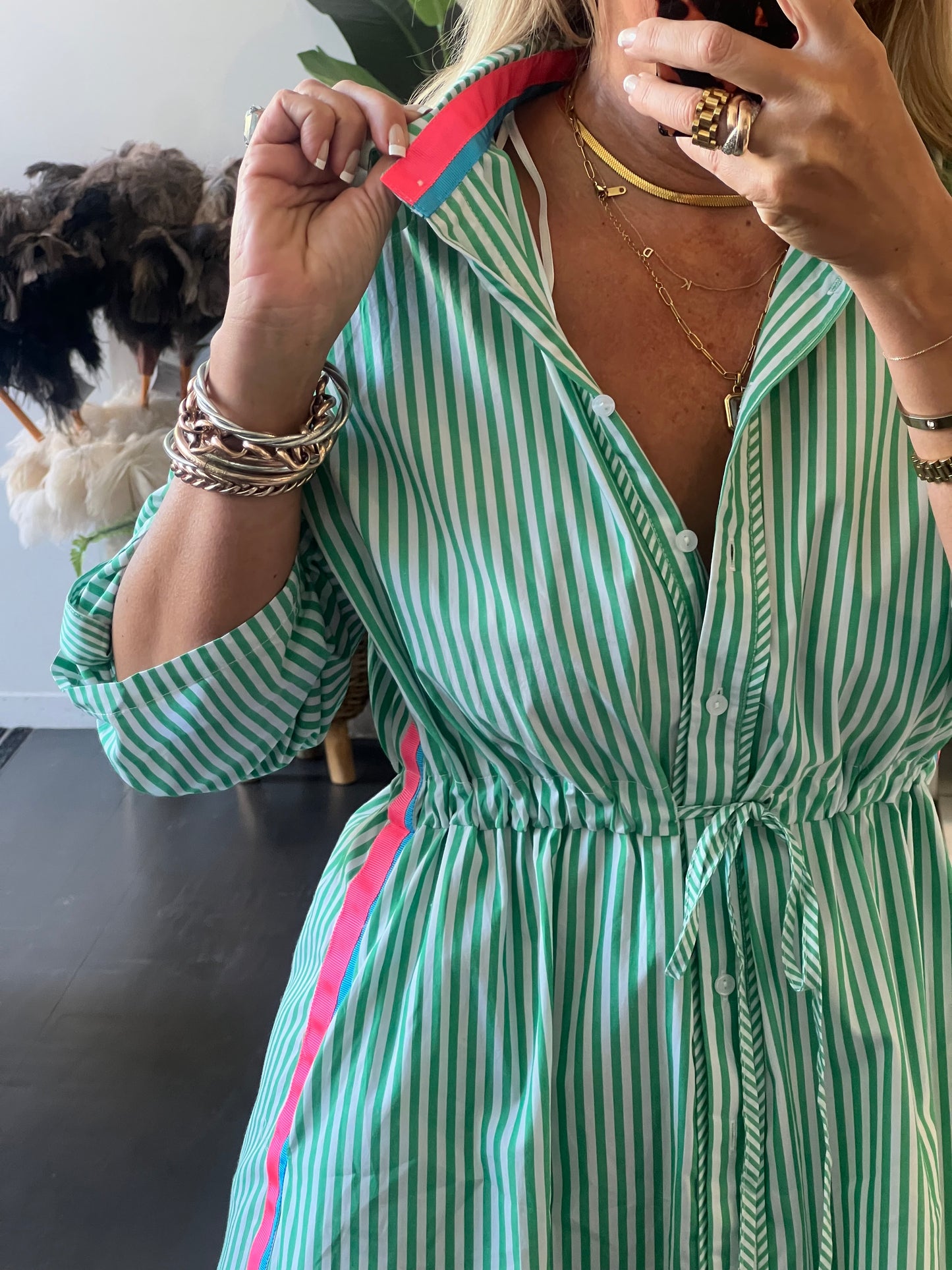Stripe Cotton Shirt Dress Neon Trim - Green