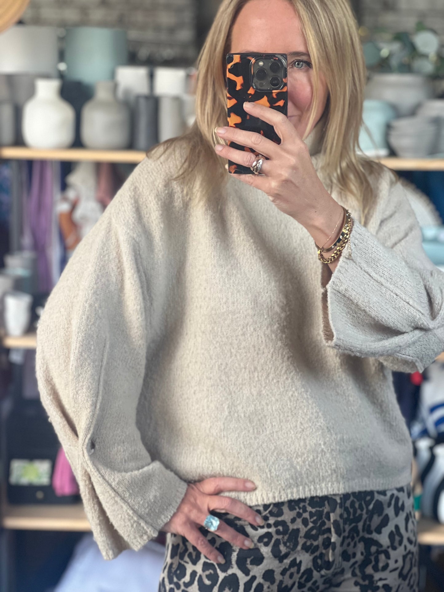 Roll Neck Button Cuff Knit Jumper