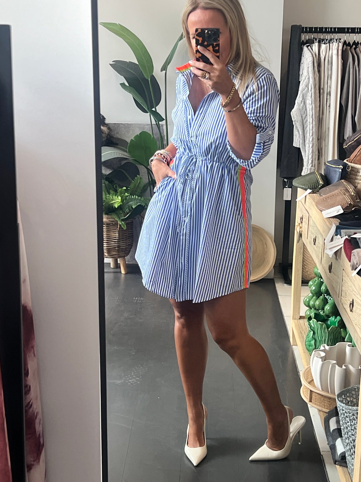 Stripe Cotton Shirt Dress Neon Trim - Blue