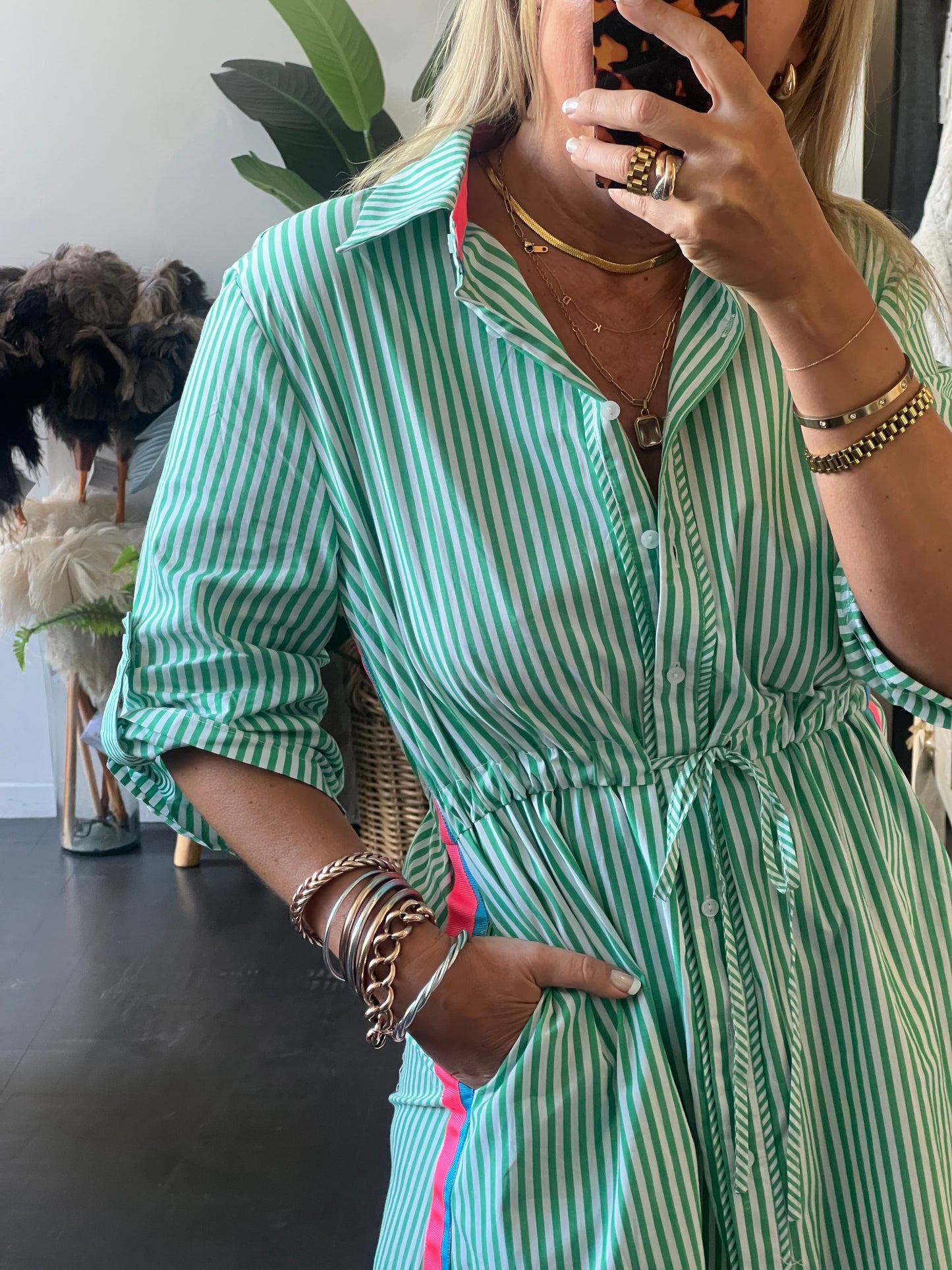 Stripe Cotton Shirt Dress Neon Trim - Green