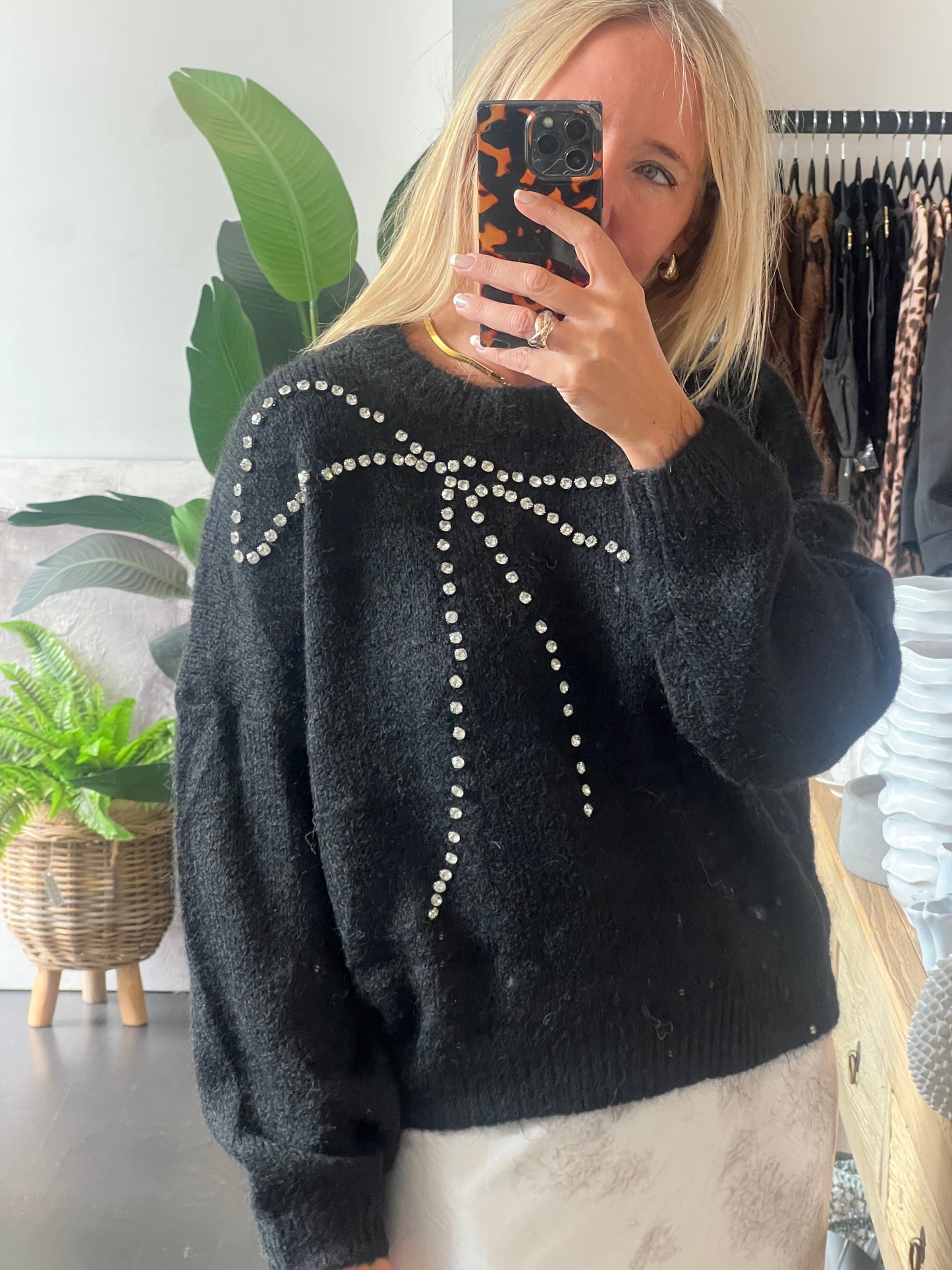 bling Bow Relaxed Knit Jumper- black